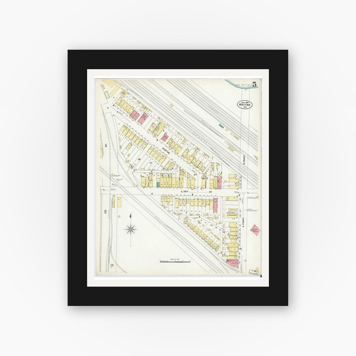 Old map wall art mockup — black gallery frame with white mat — Sanborn Fire Insurance Map from Whiting, Lake County, Indiana (1907), Sheet #0005