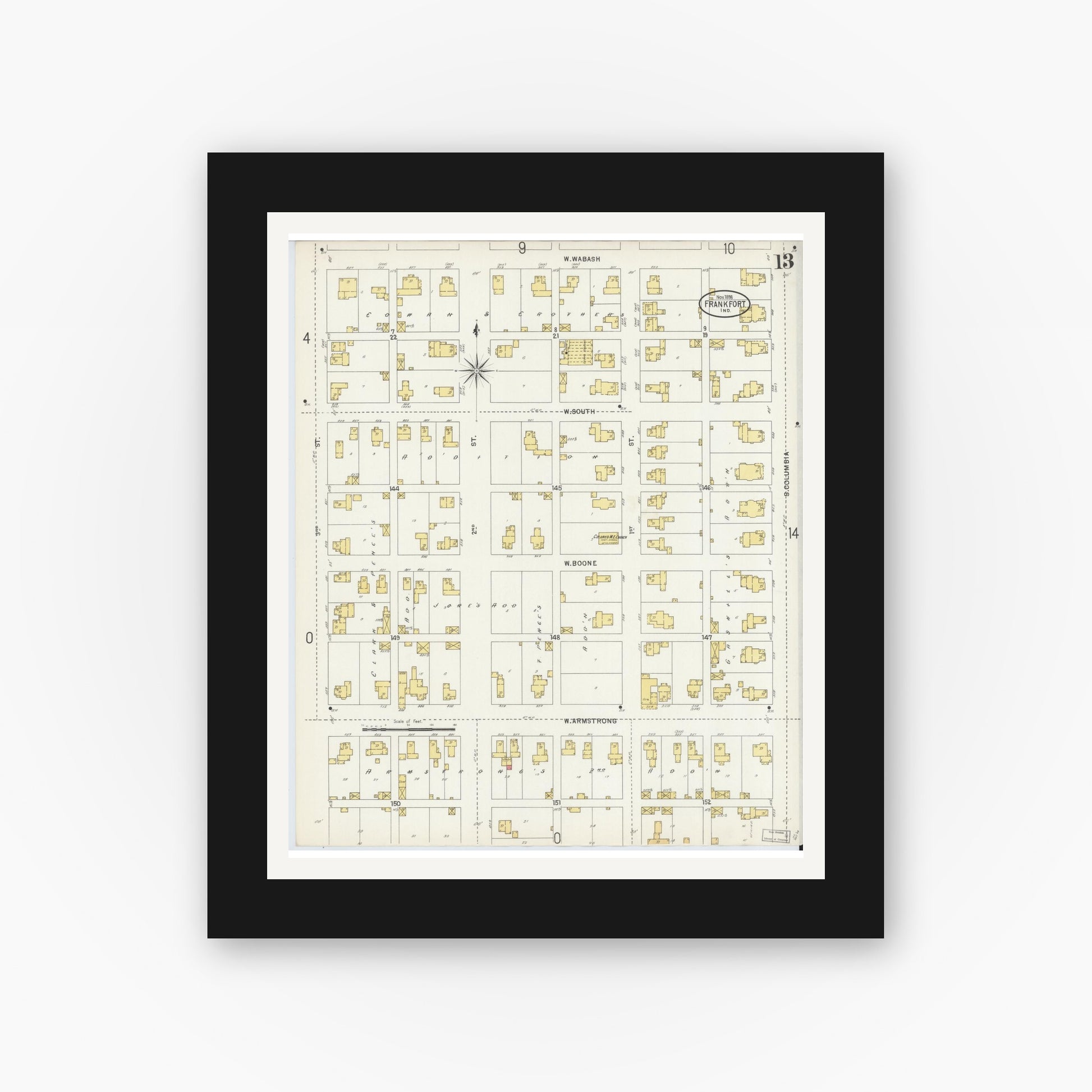Old map wall art mockup — black gallery frame with white mat — Sanborn Fire Insurance Map from Frankfort, Clinton County, Indiana (1898), Sheet #0013