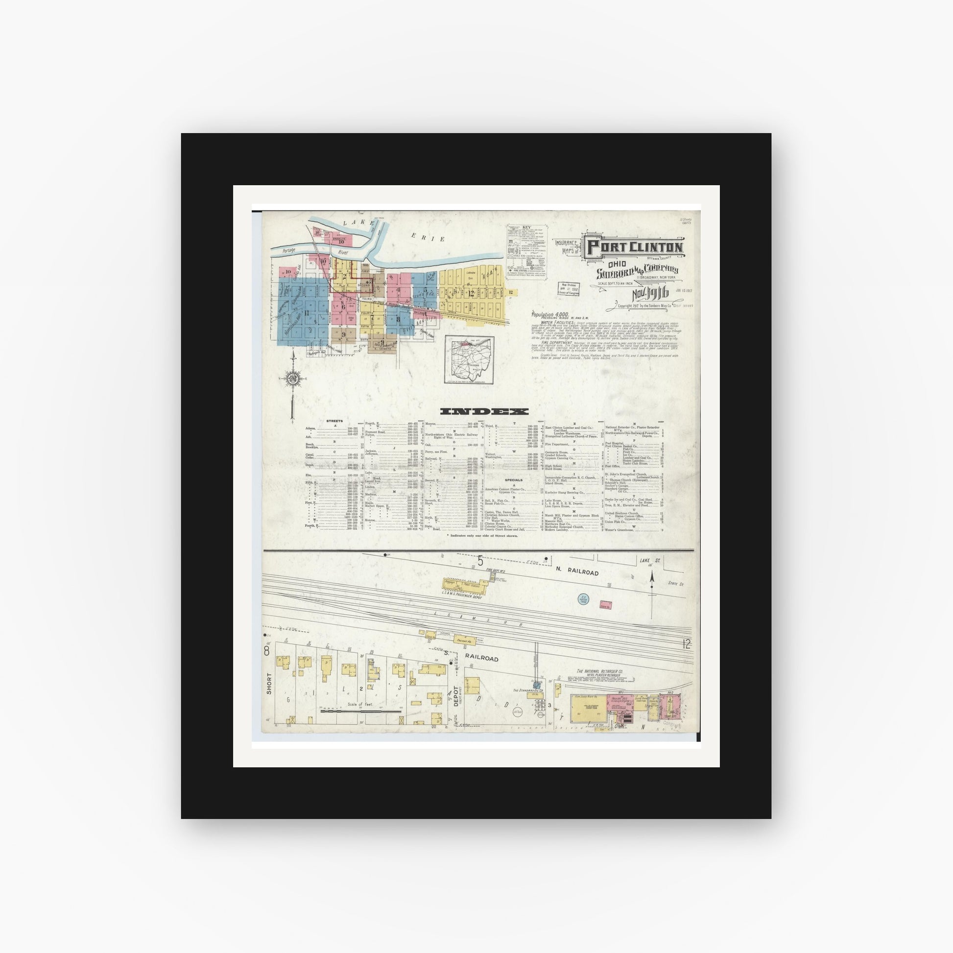 Old map wall art mockup — black gallery frame with white mat — Sanborn Fire Insurance Map from Port Clinton, Ottawa County, Ohio (1916) - Complete Map Set