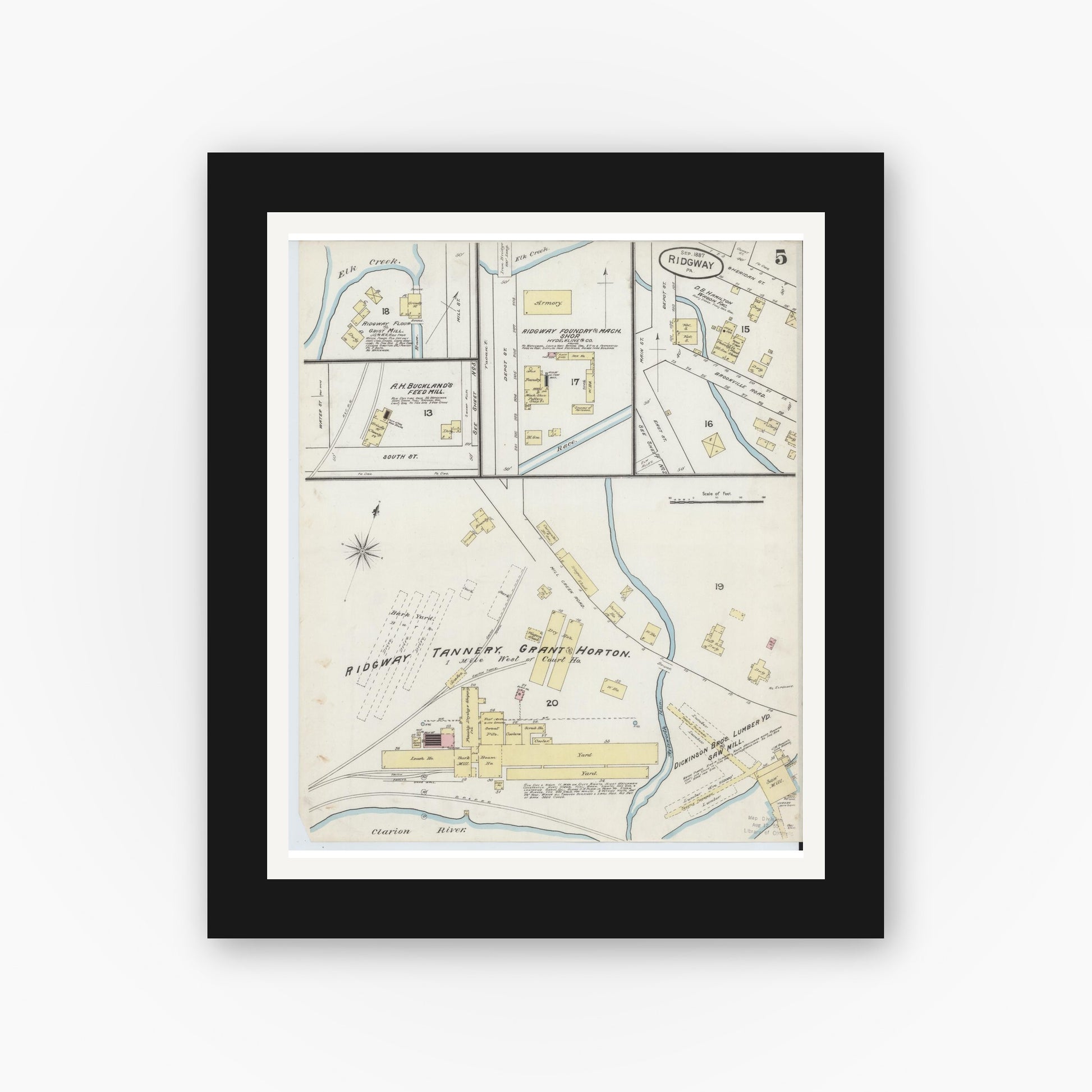 Old map wall art mockup — black gallery frame with white mat — Sanborn Fire Insurance Map from Ridgway, Elk County, Pennsylvania (1887), Sheet #0005