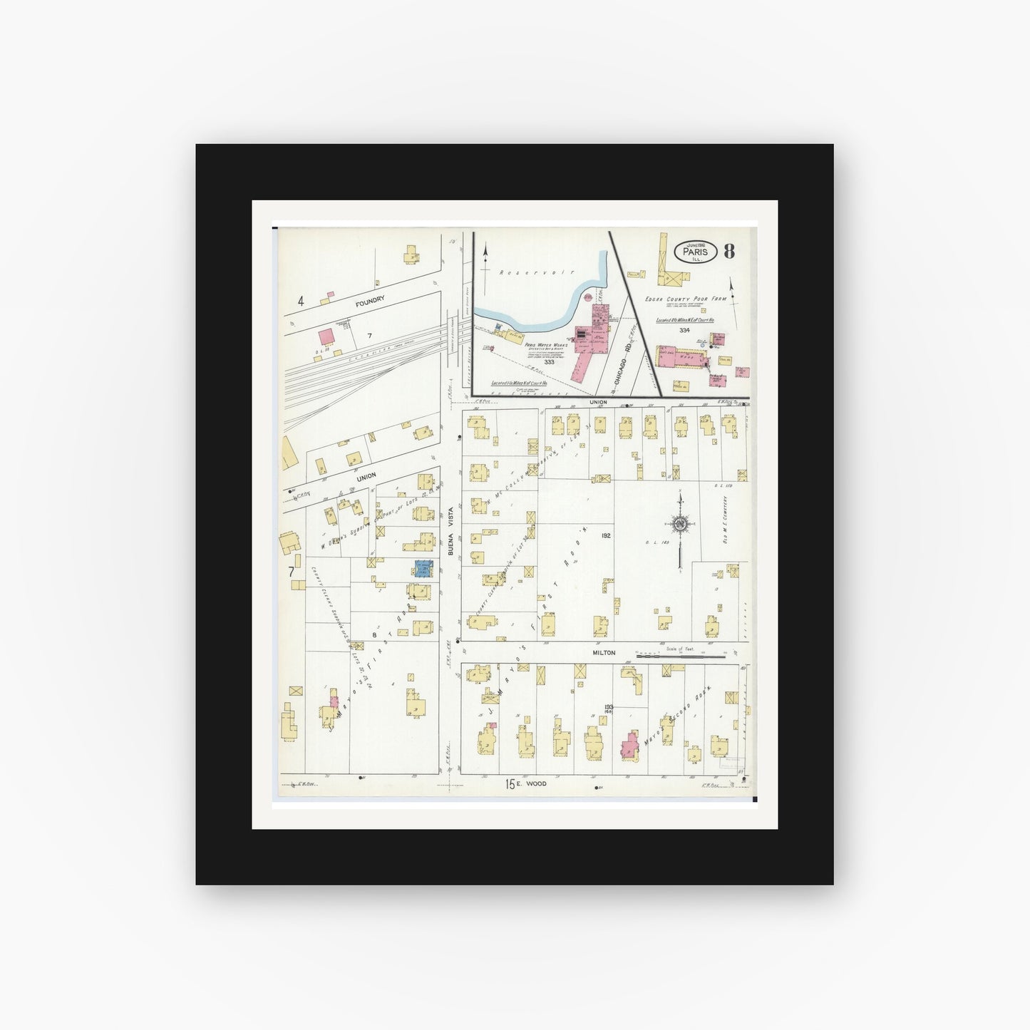 Old map wall art mockup — black gallery frame with white mat — Sanborn Fire Insurance Map from Paris, Edgar County, Illinois (1916), Sheet #0008