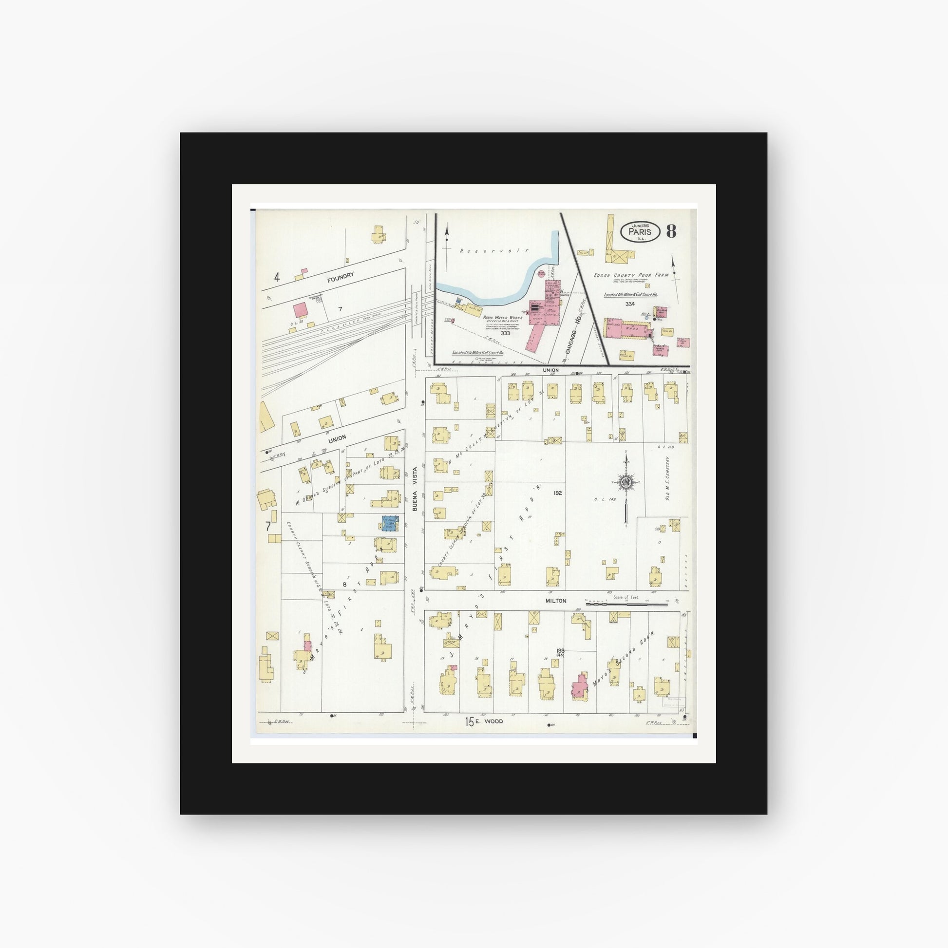 Old map wall art mockup — black gallery frame with white mat — Sanborn Fire Insurance Map from Paris, Edgar County, Illinois (1916), Sheet #0008