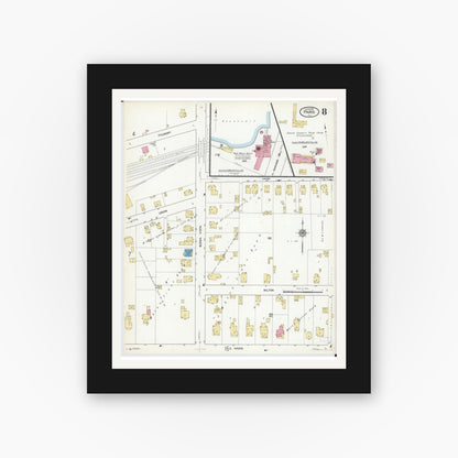 Old map wall art mockup — black gallery frame with white mat — Sanborn Fire Insurance Map from Paris, Edgar County, Illinois (1916), Sheet #0008