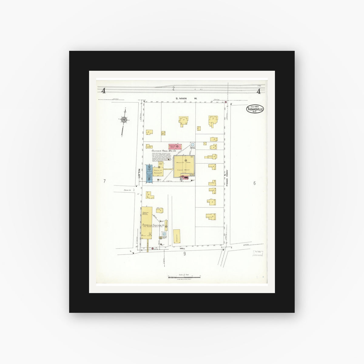Old map wall art mockup — black gallery frame with white mat — Sanborn Fire Insurance Map from Thomasville, Davidson County, North Carolina (1923), Sheet #0004