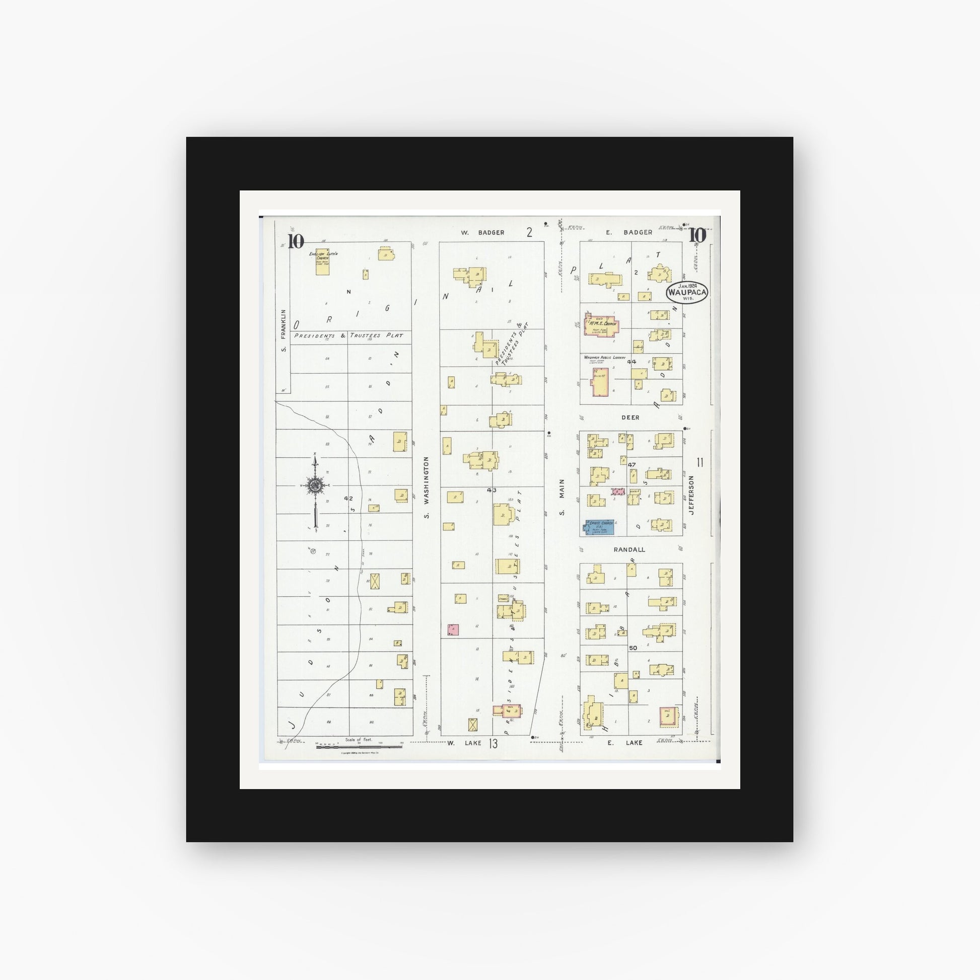 Old map wall art mockup — black gallery frame with white mat — Sanborn Fire Insurance Map from Waupaca, Waupaca County, Wisconsin (1924), Sheet #0010