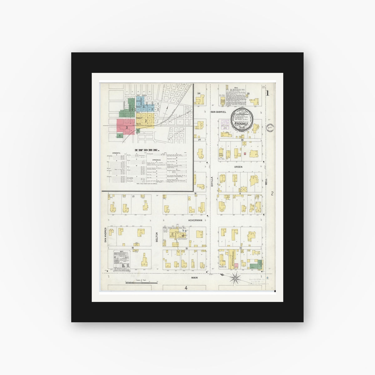 Old map wall art mockup — black gallery frame with white mat — Sanborn Fire Insurance Map from Rockdale, Milam County, Texas (1901) - Complete Map Set