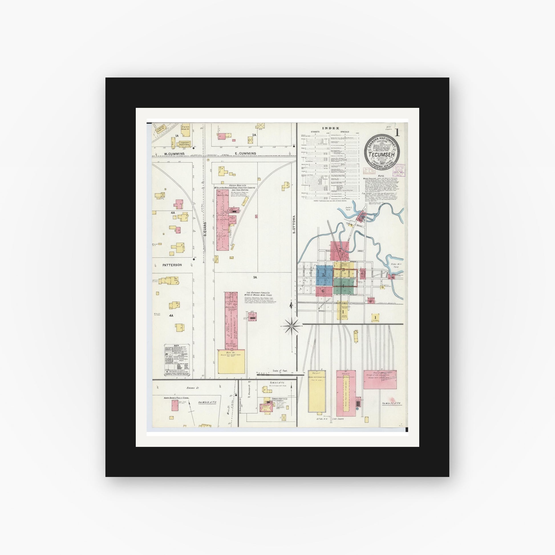 Old map wall art mockup — black gallery frame with white mat — Sanborn Fire Insurance Map from Tecumseh, Lenawee County, Michigan (1907), Sheet #0001