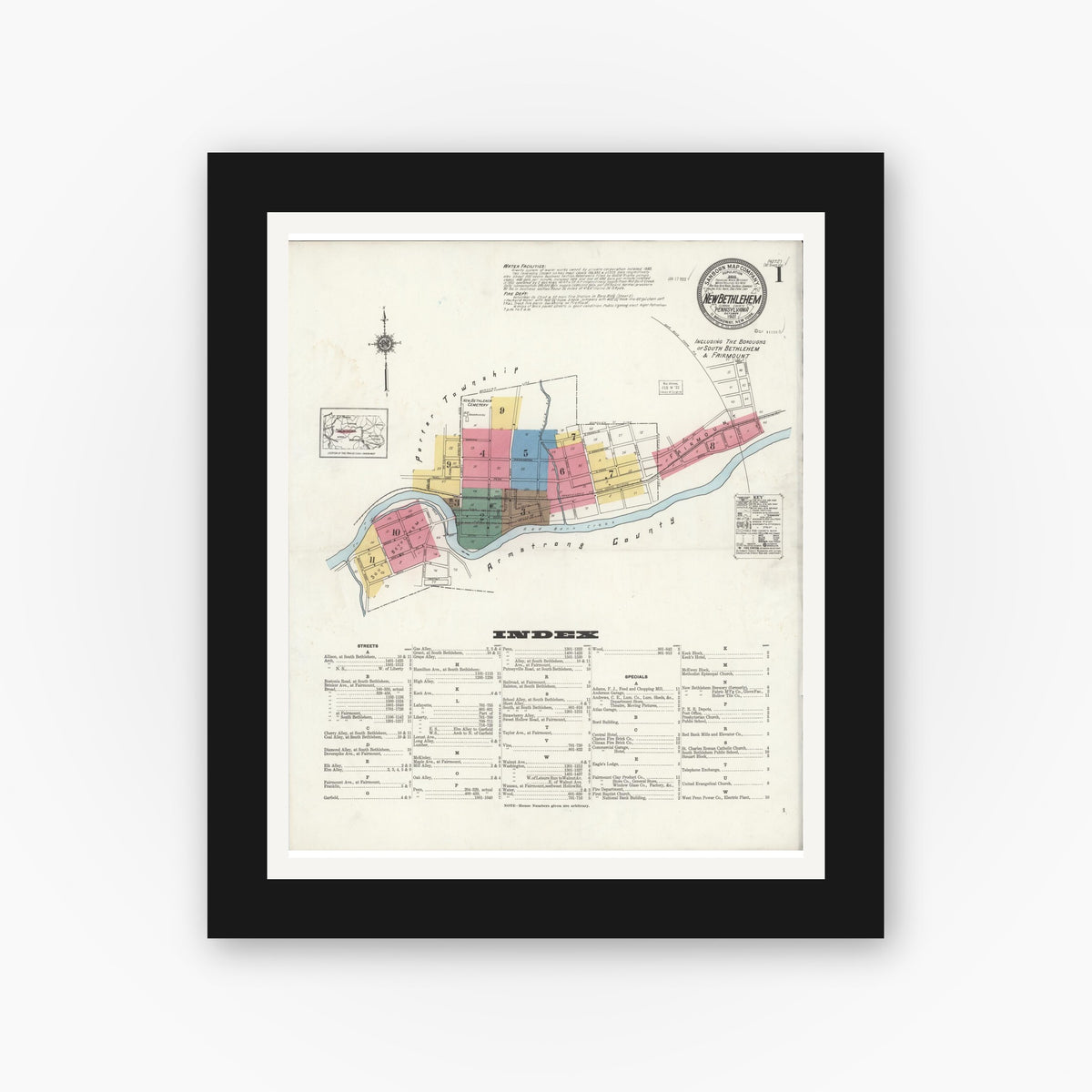 Old map wall art mockup — black gallery frame with white mat — Sanborn Fire Insurance Map from New Bethlehem, Clarion County, Pennsylvania (1921), Sheet #0001