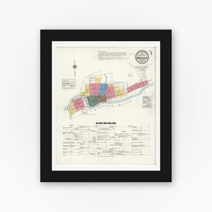 Old map wall art mockup — black gallery frame with white mat — Sanborn Fire Insurance Map from New Bethlehem, Clarion County, Pennsylvania (1921), Sheet #0001