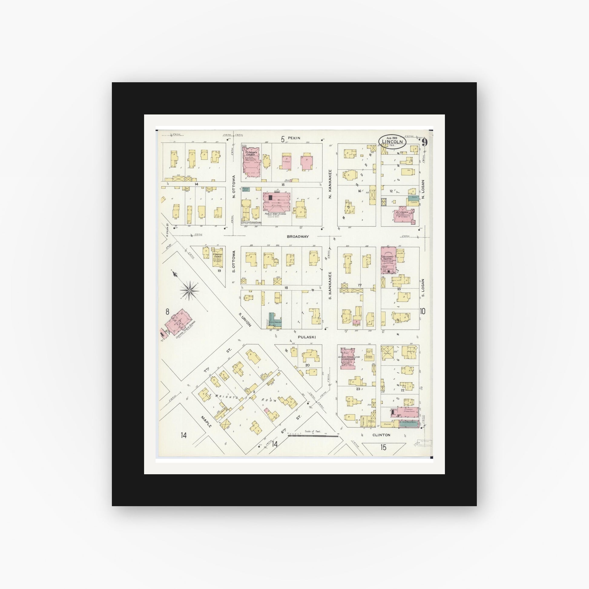Old map wall art mockup — black gallery frame with white mat — Sanborn Fire Insurance Map from Lincoln, Logan County, Illinois (1909), Sheet #0009