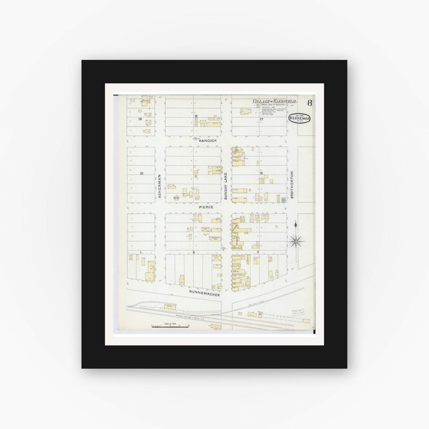 Old map wall art mockup — black gallery frame with white mat — Sanborn Fire Insurance Map from Bessemer, Gogebic County, Michigan (1891), Sheet #0008