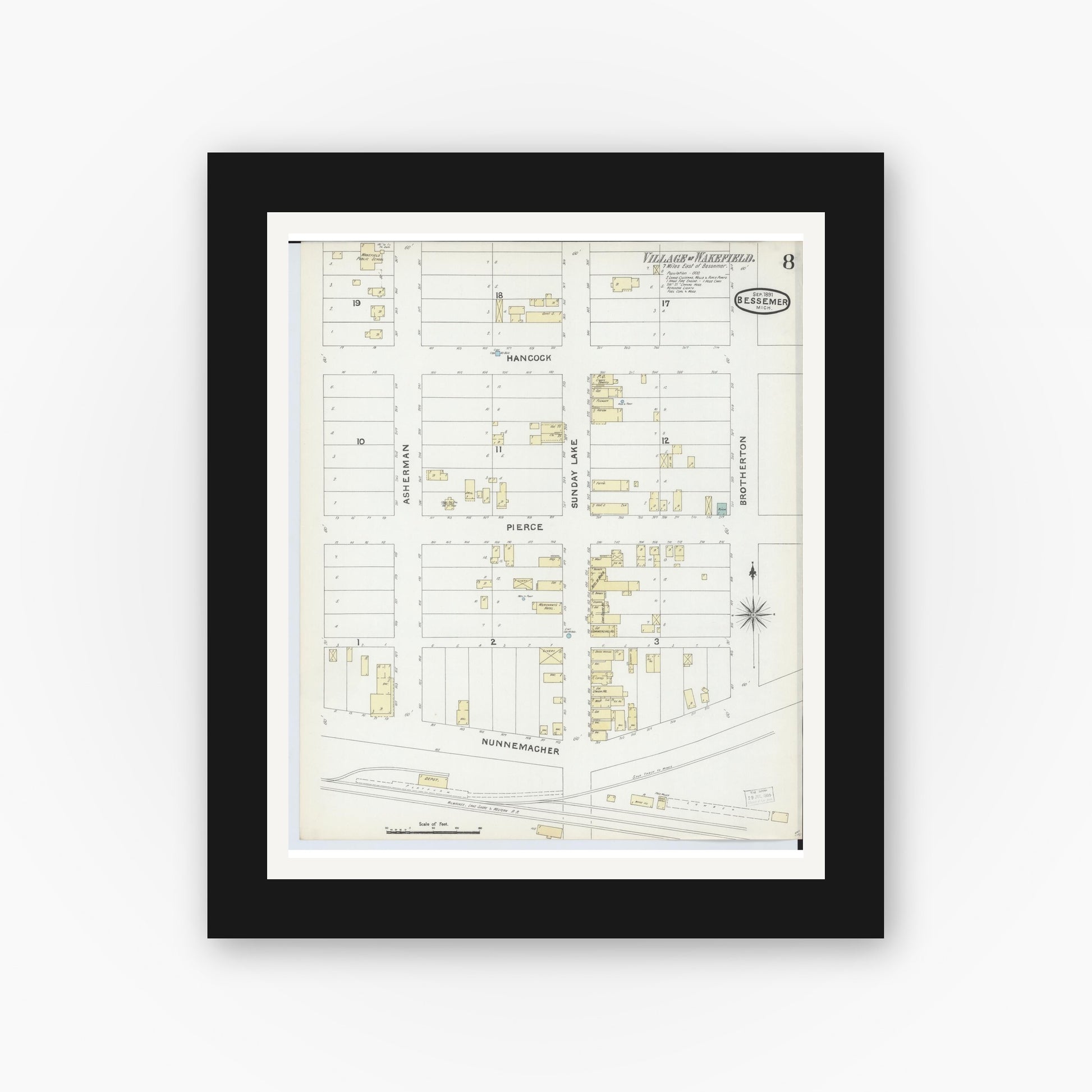 Old map wall art mockup — black gallery frame with white mat — Sanborn Fire Insurance Map from Bessemer, Gogebic County, Michigan (1891), Sheet #0008