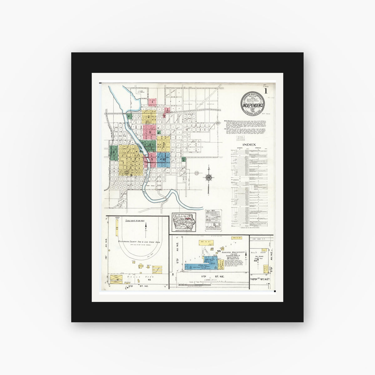 Old map wall art mockup — black gallery frame with white mat — Sanborn Fire Insurance Map from Independence, Buchanan County, Iowa (1920) â€” Complete Set