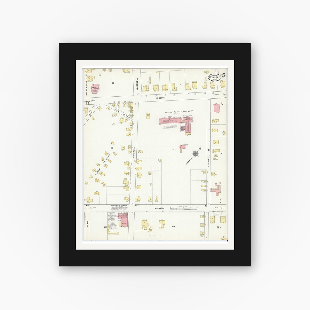 Old map wall art mockup — black gallery frame with white mat — Sanborn Fire Insurance Map from Concord, Cabarrus County, North Carolina (1911), Sheet #0005