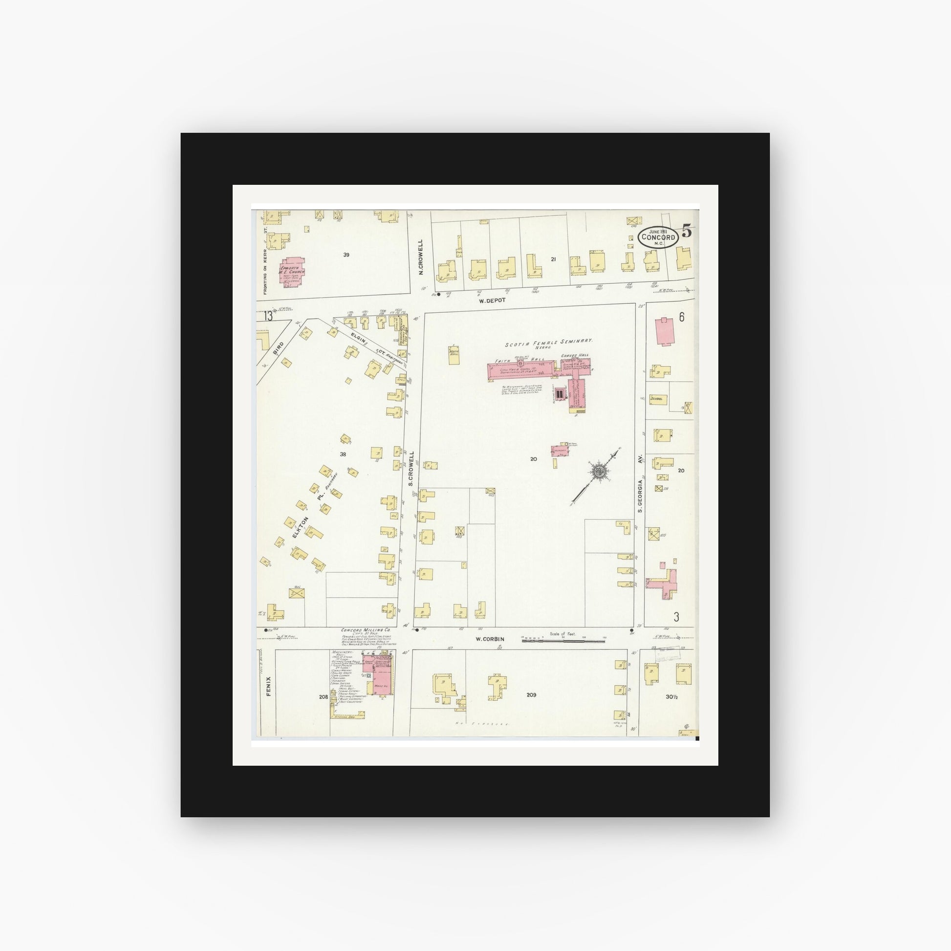 Old map wall art mockup — black gallery frame with white mat — Sanborn Fire Insurance Map from Concord, Cabarrus County, North Carolina (1911), Sheet #0005