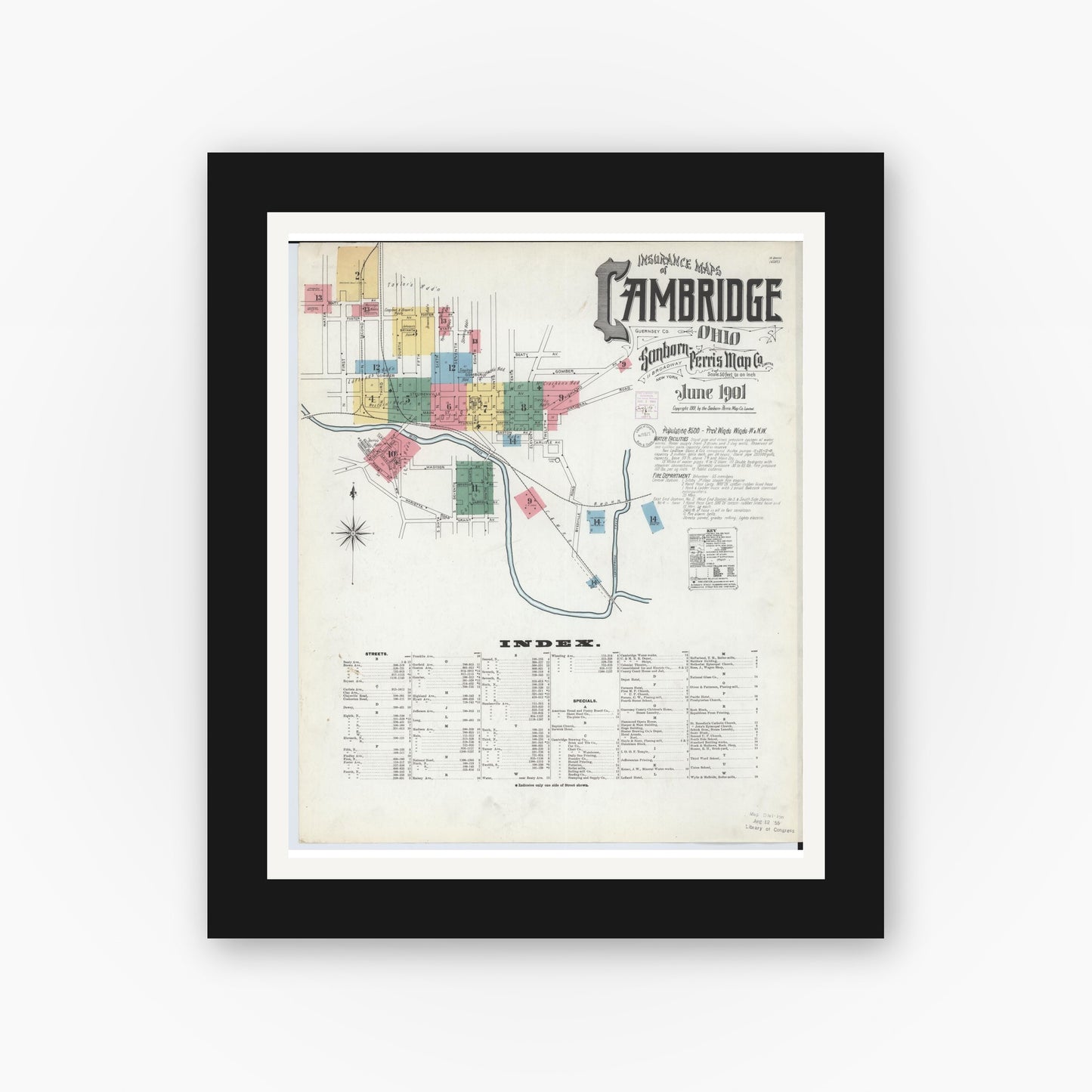 Old map wall art mockup — black gallery frame with white mat — Sanborn Fire Insurance Map from Cambridge, Guernsey County, Ohio (1901) - Complete Map Set