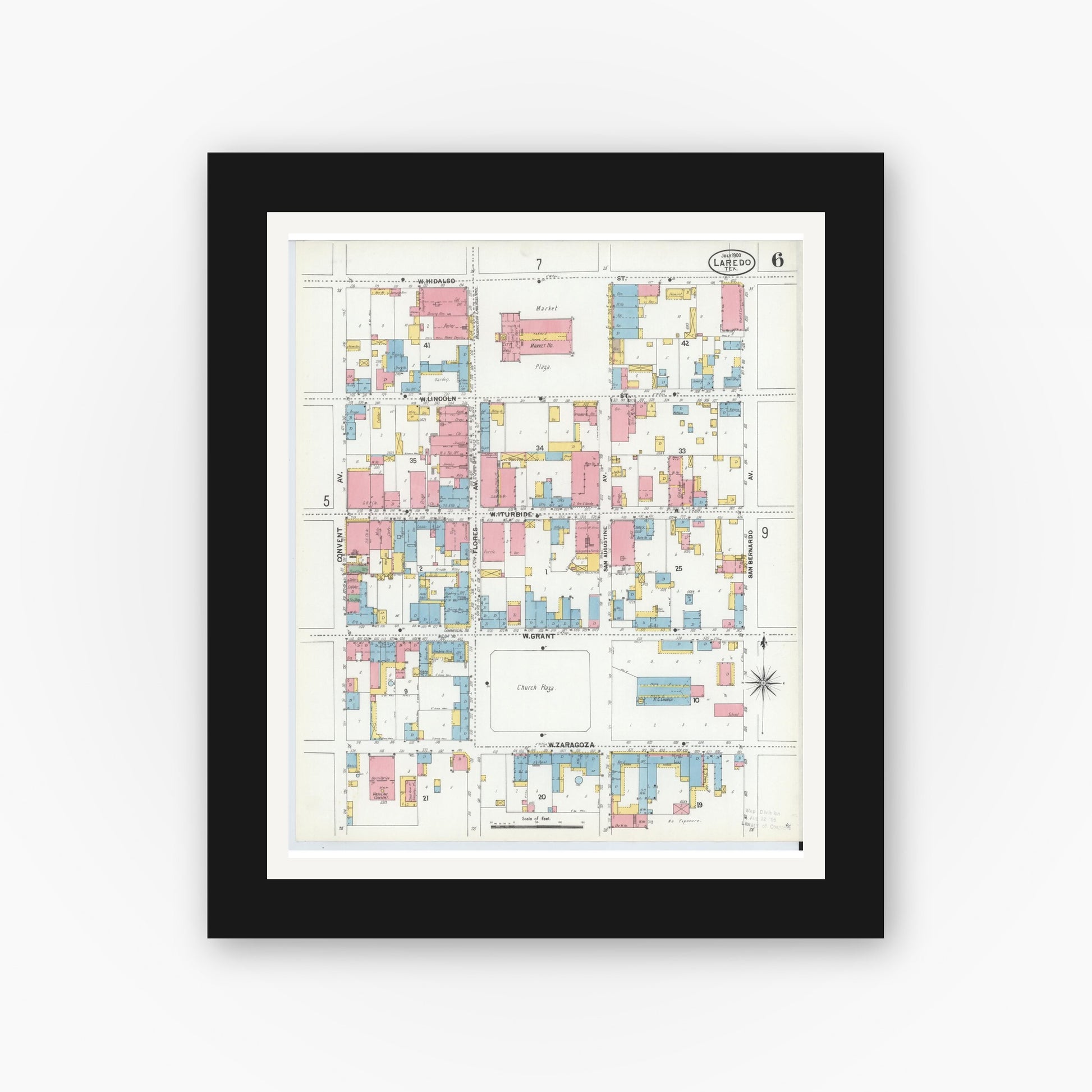 Old map wall art mockup — black gallery frame with white mat — Sanborn Fire Insurance Map from Laredo, Webb County, Texas (1900), Sheet #0006
