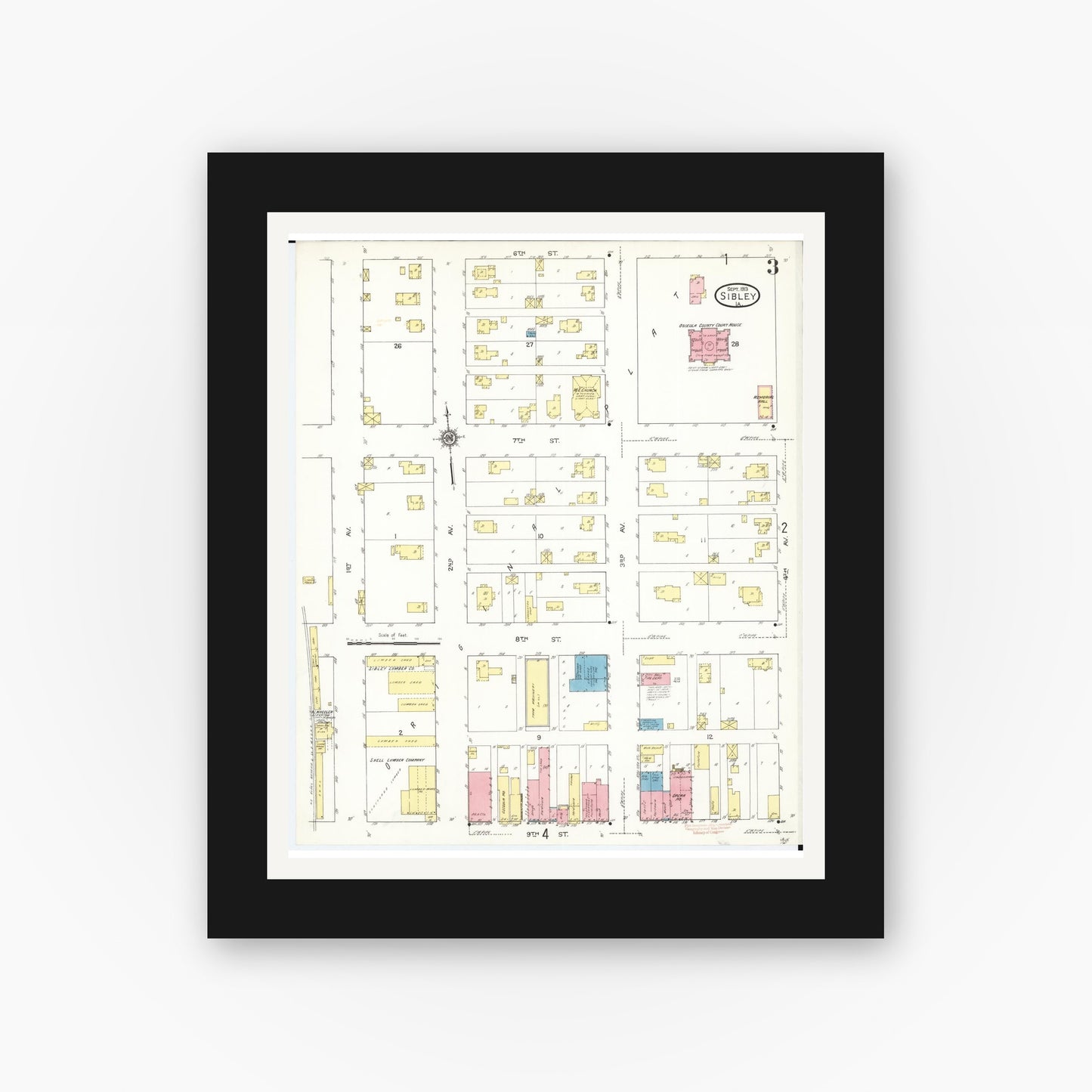 Old map wall art mockup — black gallery frame with white mat — Sanborn Fire Insurance Map from Sibley, Osceola County, Iowa (1913), Sheet #0003