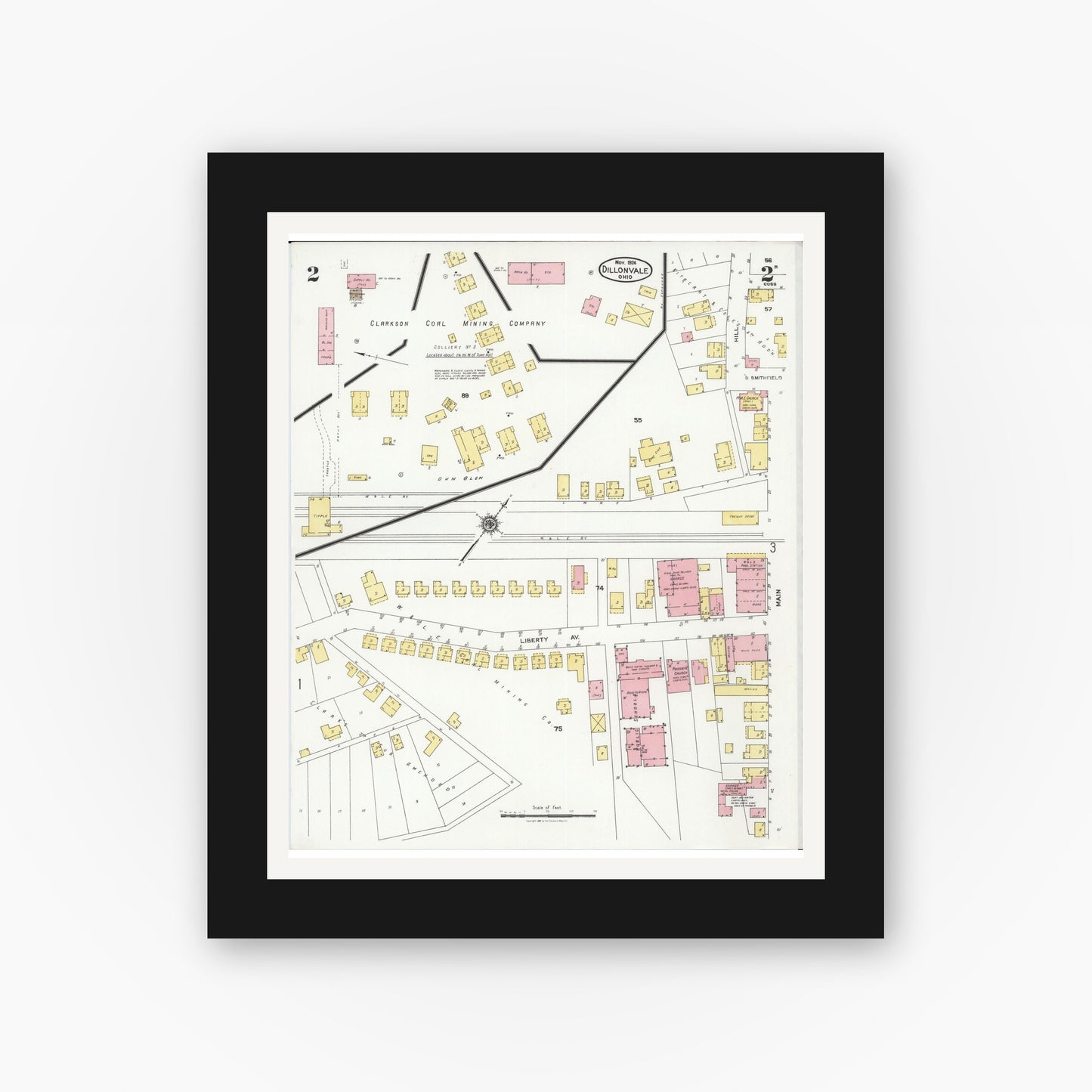 Old map wall art mockup — black gallery frame with white mat — Sanborn Fire Insurance Map from Dillonvale, Jefferson County, Ohio (1924), Sheet #0002