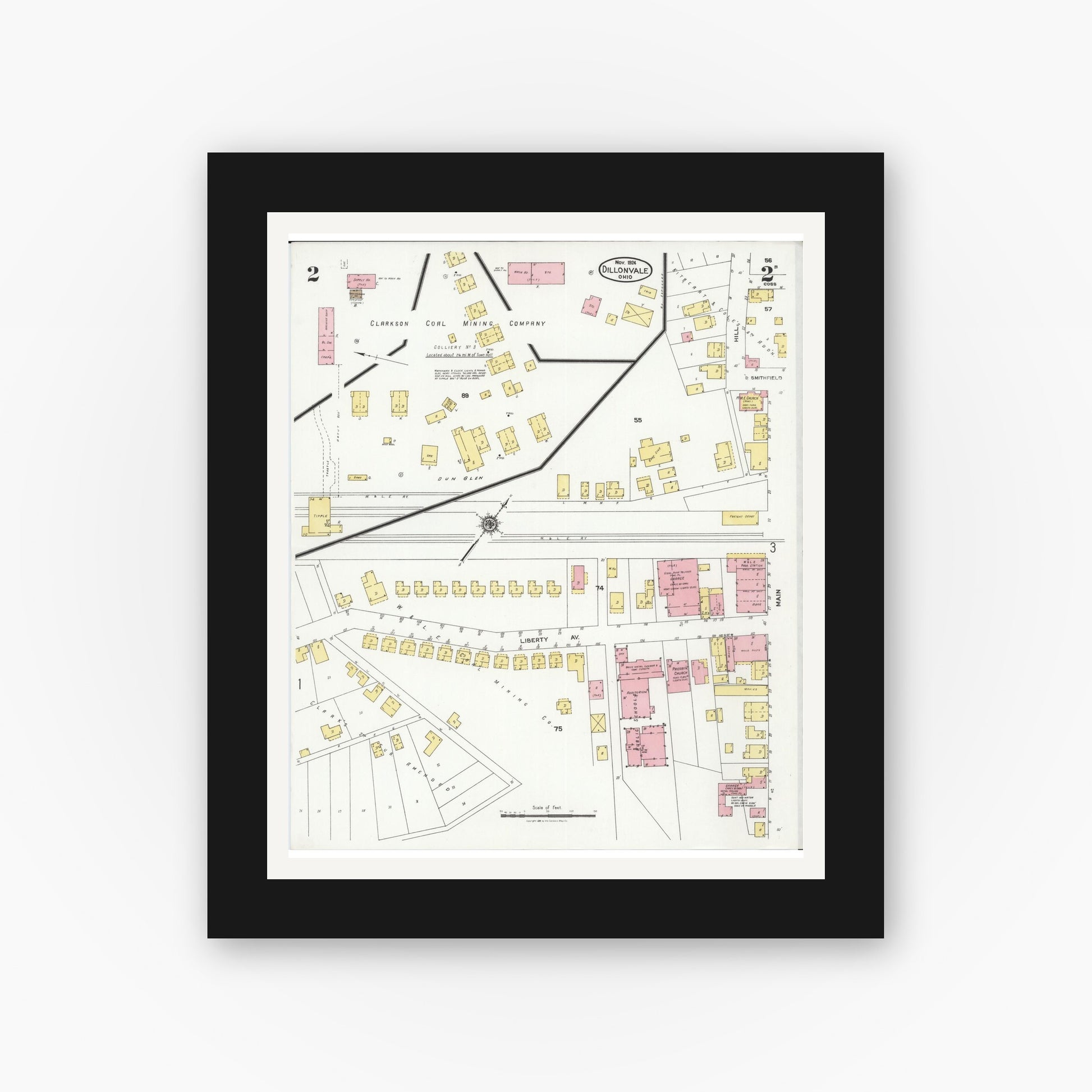 Old map wall art mockup — black gallery frame with white mat — Sanborn Fire Insurance Map from Dillonvale, Jefferson County, Ohio (1924), Sheet #0002