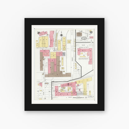 Old map wall art mockup — black gallery frame with white mat — Sanborn Fire Insurance Map from Elyria, Lorain County, Ohio (1925), Sheet #0036