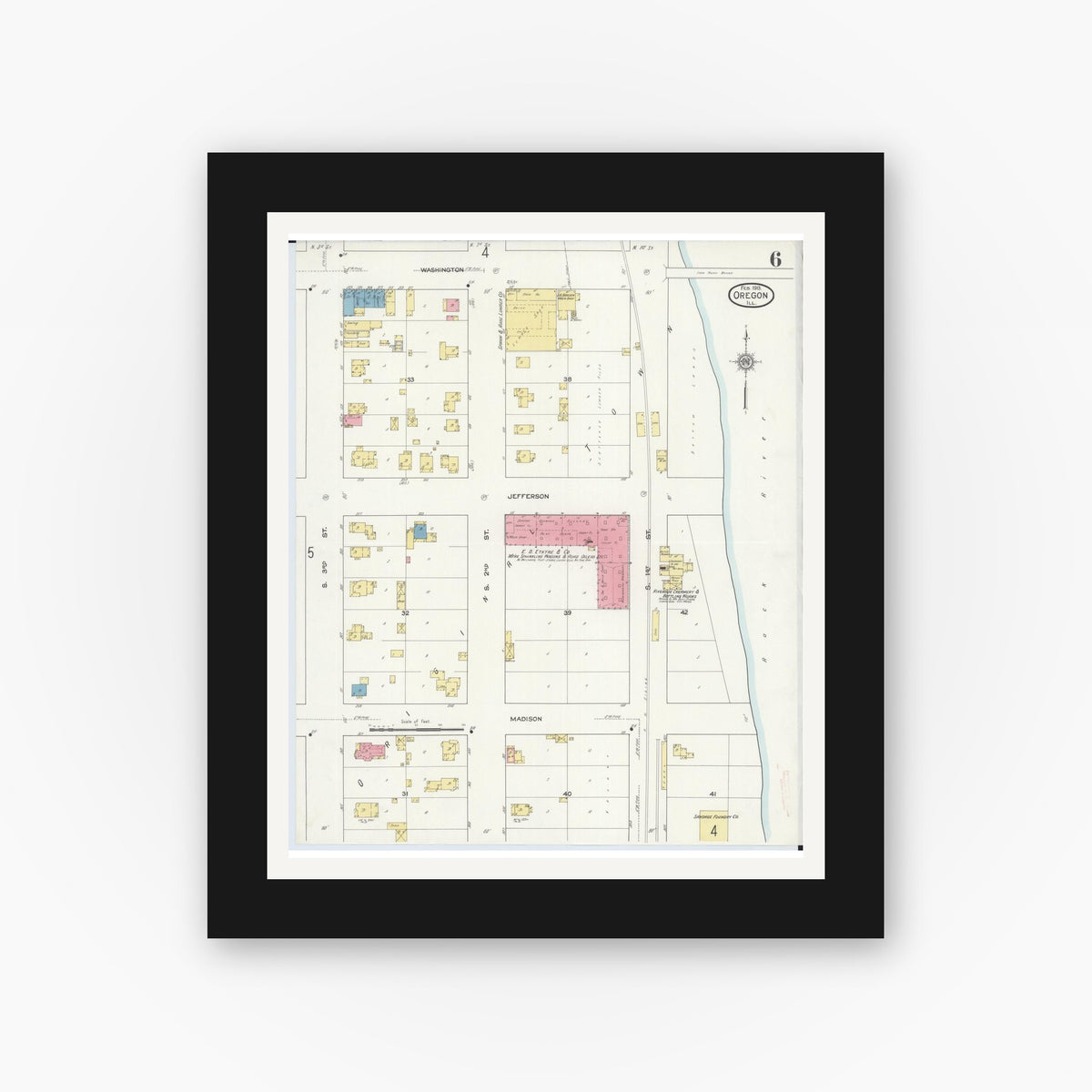Old map wall art mockup — black gallery frame with white mat — Sanborn Fire Insurance Map from Oregon, Ogle County, Illinois (1913), Sheet #0006