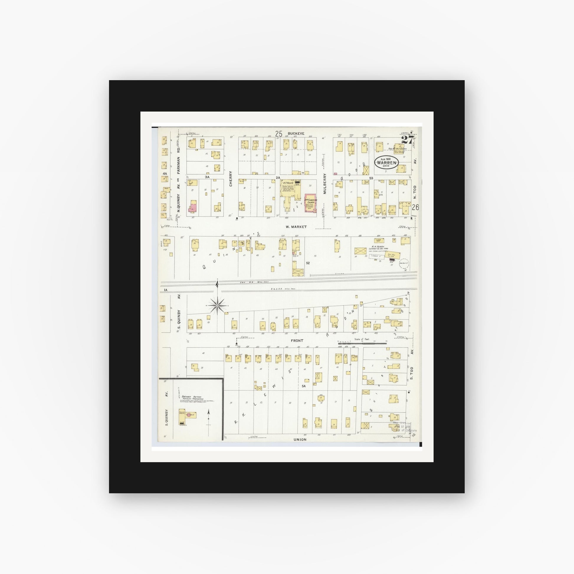 Old map wall art mockup — black gallery frame with white mat — Sanborn Fire Insurance Map from Warren, Trumbull County, Ohio (1908), Sheet #0027