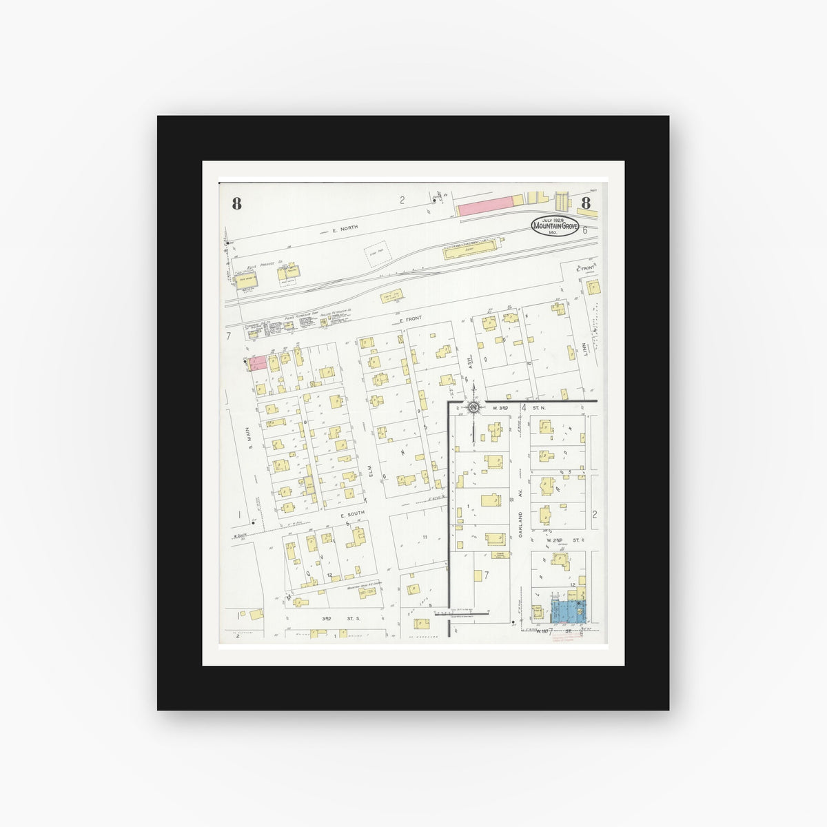 Old map wall art mockup — black gallery frame with white mat — Sanborn Fire Insurance Map from Mountain Grove, Wright County, Missouri (1929), Sheet #0008