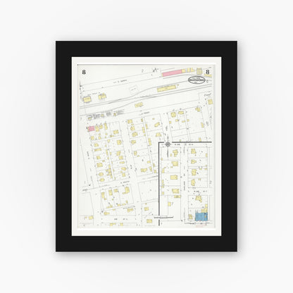 Old map wall art mockup — black gallery frame with white mat — Sanborn Fire Insurance Map from Mountain Grove, Wright County, Missouri (1929), Sheet #0008
