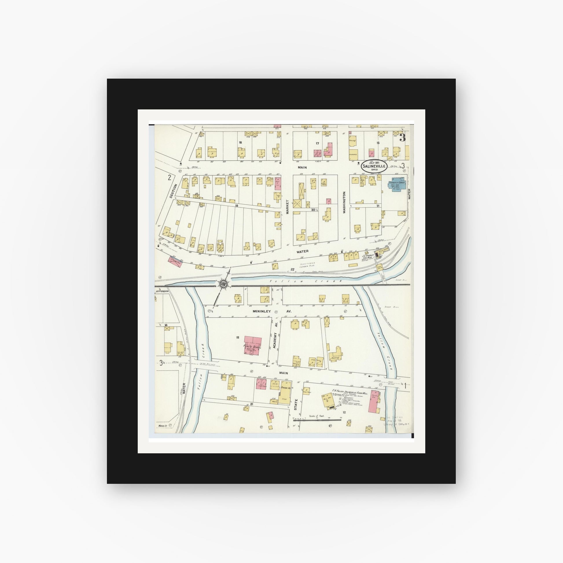 Old map wall art mockup — black gallery frame with white mat — Sanborn Fire Insurance Map from Salineville, Columbiana County, Ohio (1911), Sheet #0003