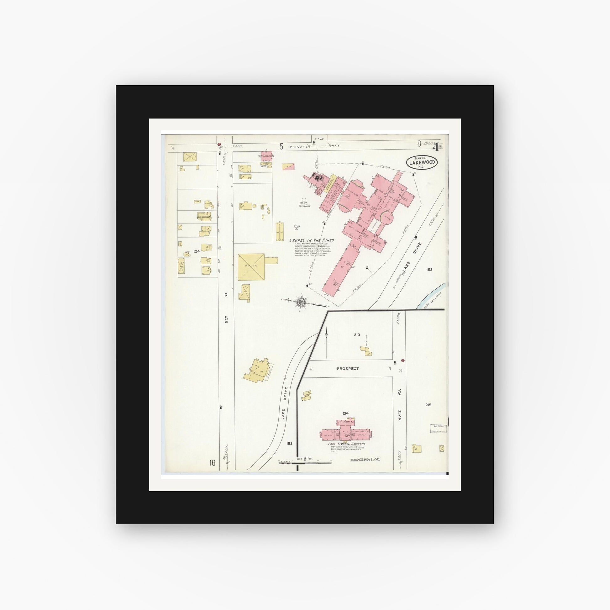 Old map wall art mockup — black gallery frame with white mat — Sanborn Fire Insurance Map from Lakewood, Ocean County, New Jersey (1916), Sheet #0004