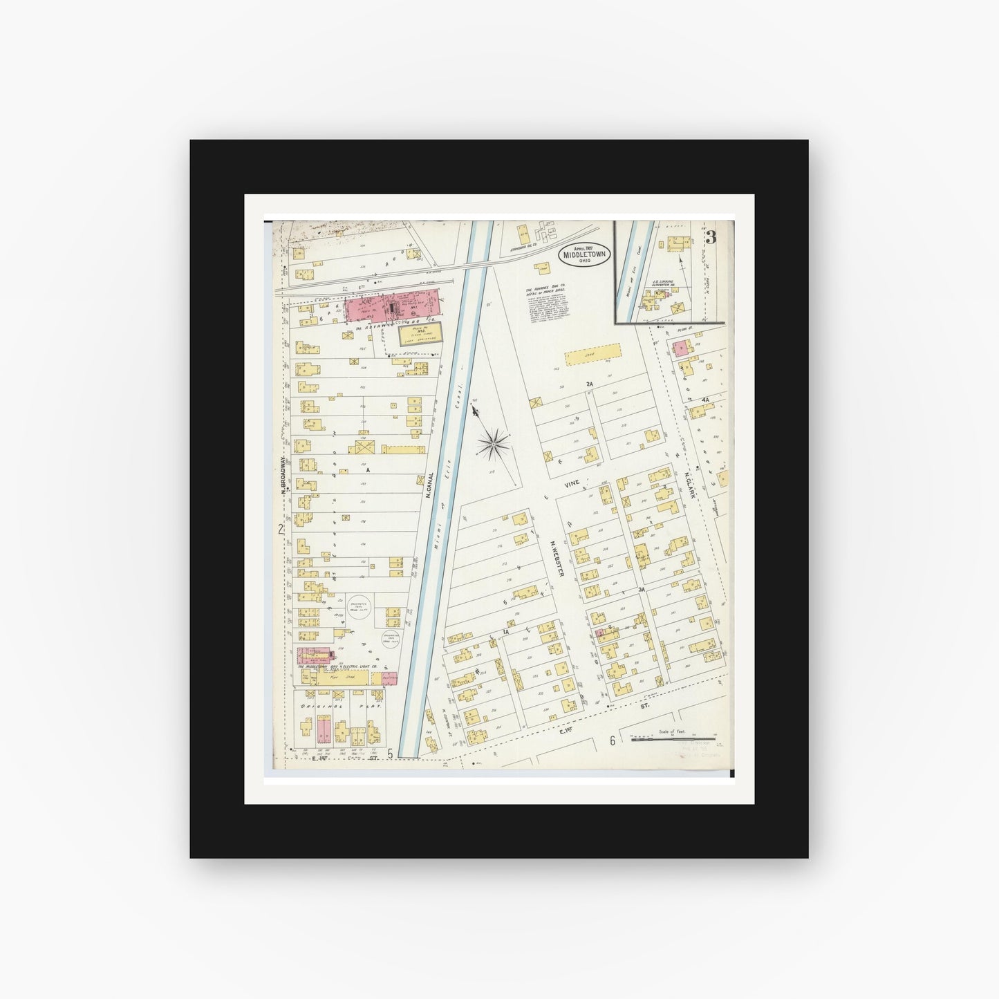 Old map wall art mockup — black gallery frame with white mat — Sanborn Fire Insurance Map from Middletown, Butler County, Ohio (1907), Sheet #0003