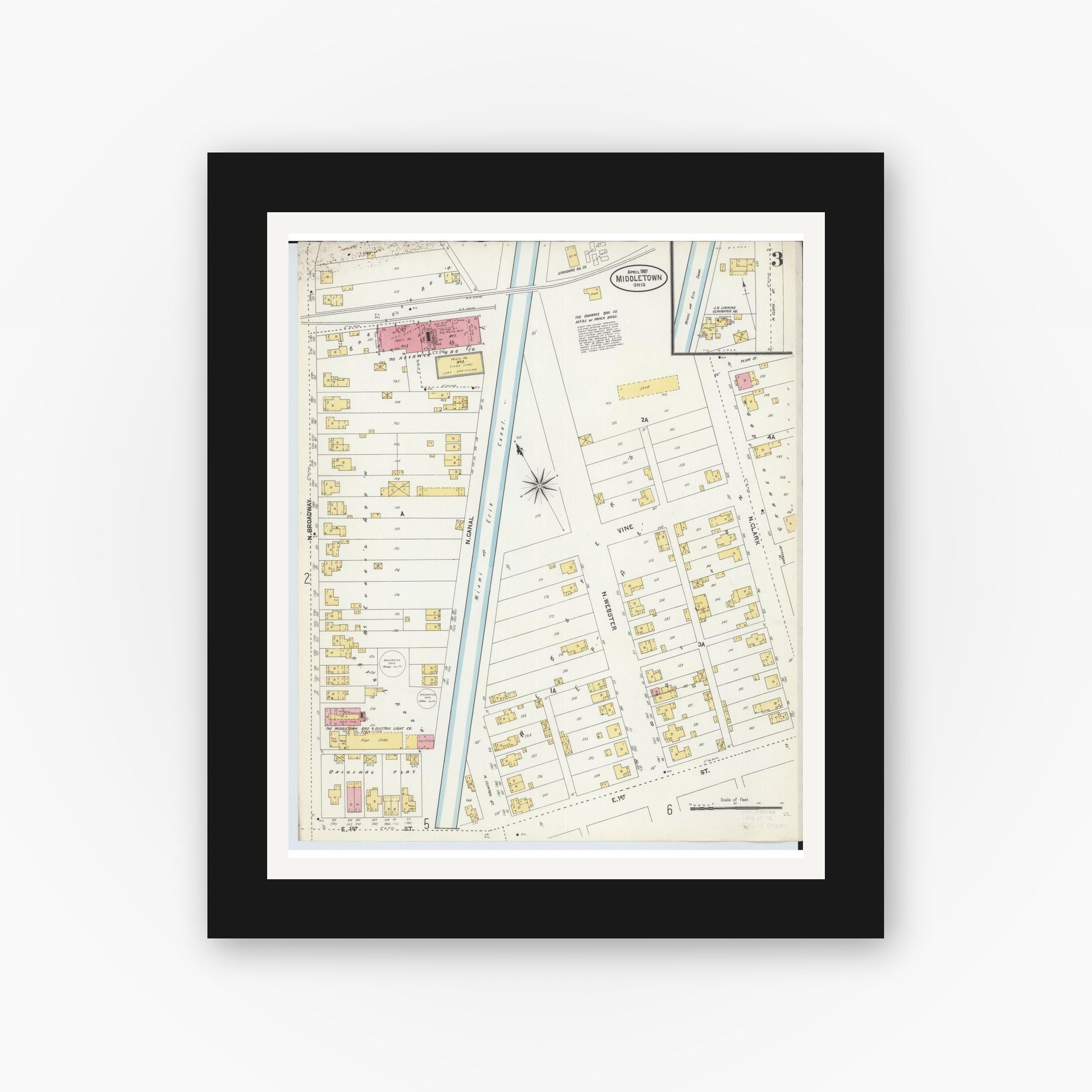 Old map wall art mockup — black gallery frame with white mat — Sanborn Fire Insurance Map from Middletown, Butler County, Ohio (1907), Sheet #0003