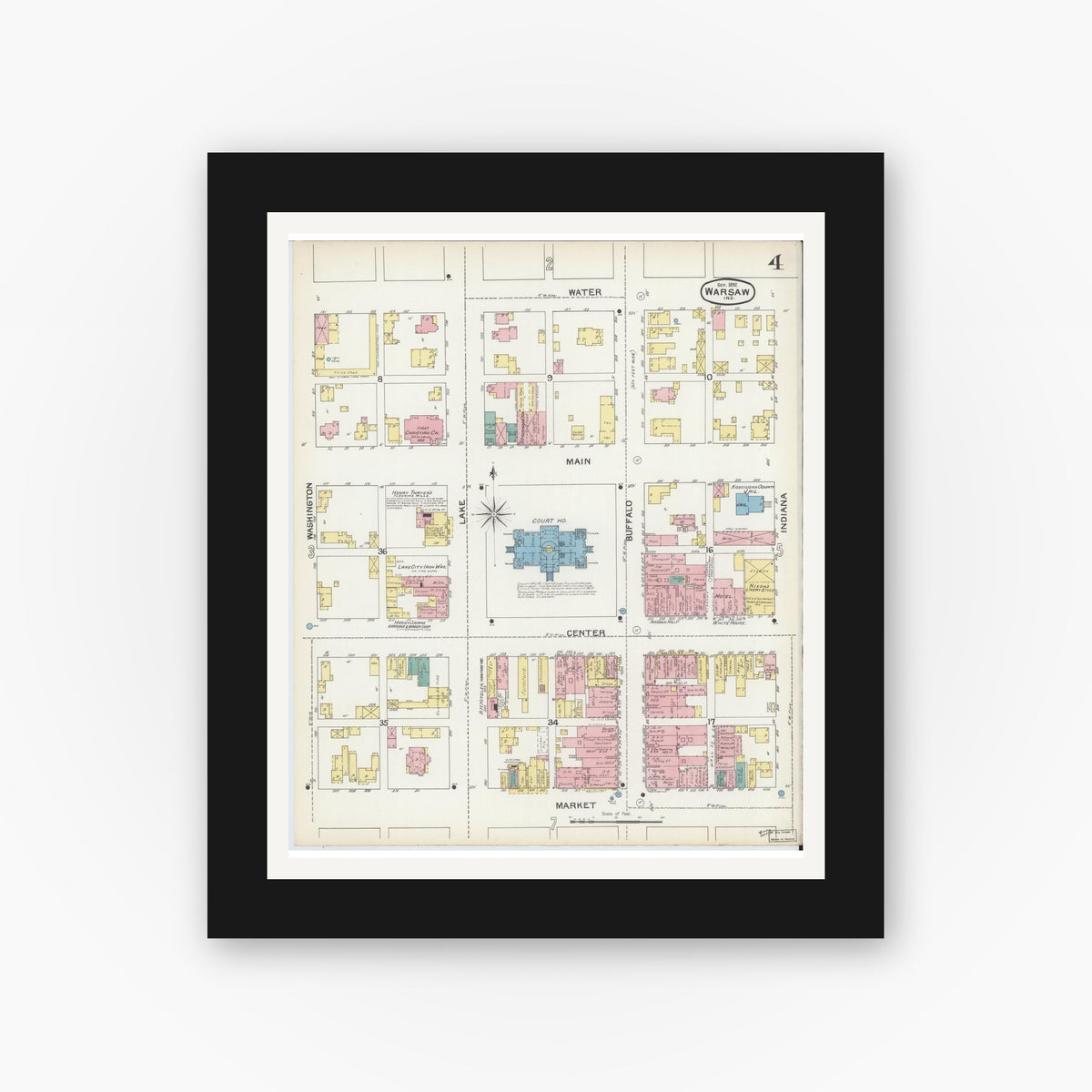 Old map wall art mockup — black gallery frame with white mat — Sanborn Fire Insurance Map from Warsaw, Kosciusko County, Indiana (1892), Sheet #0004