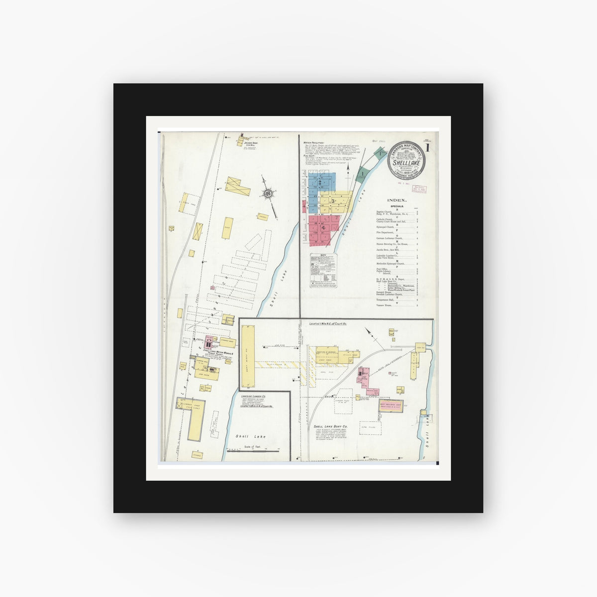 Old map wall art mockup — black gallery frame with white mat — Sanborn Fire Insurance Map from Shell Lake, Washburn County, Wisconsin (1909) - Complete Map Set