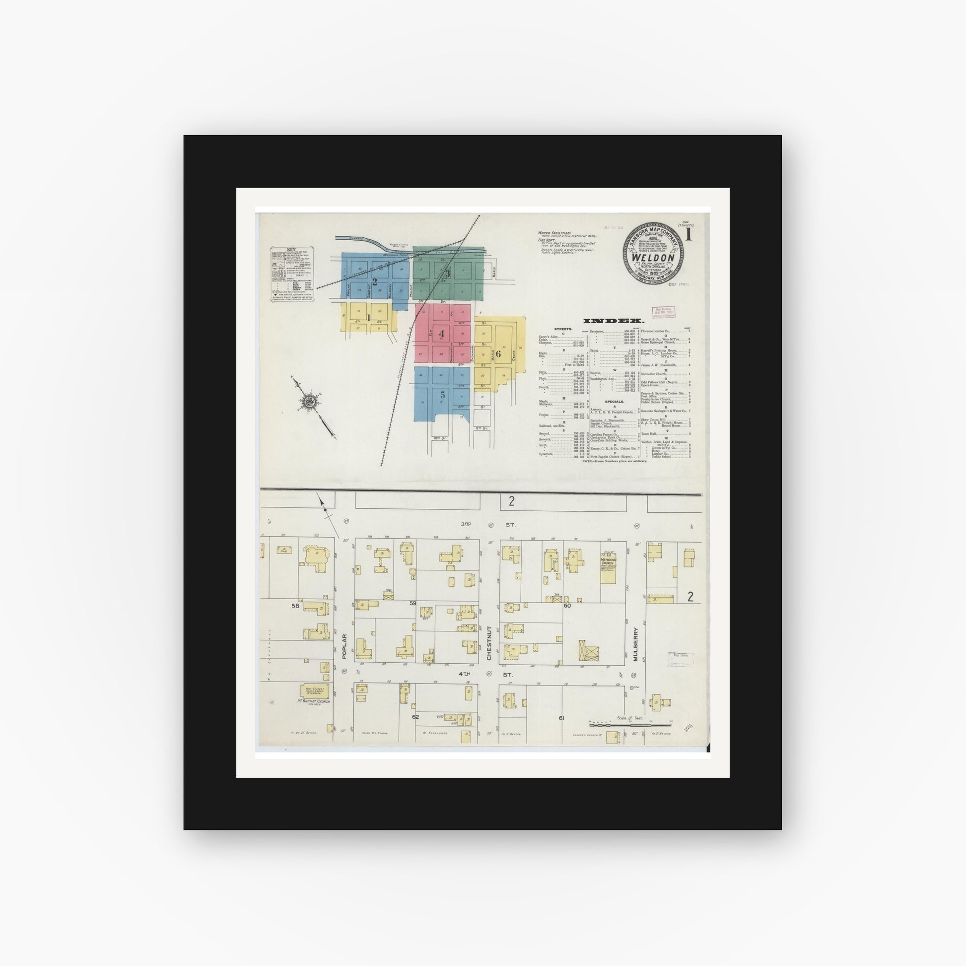 Old map wall art mockup — black gallery frame with white mat — Sanborn Fire Insurance Map from Weldon, Halifax County, North Carolina (1909) - Complete Map Set