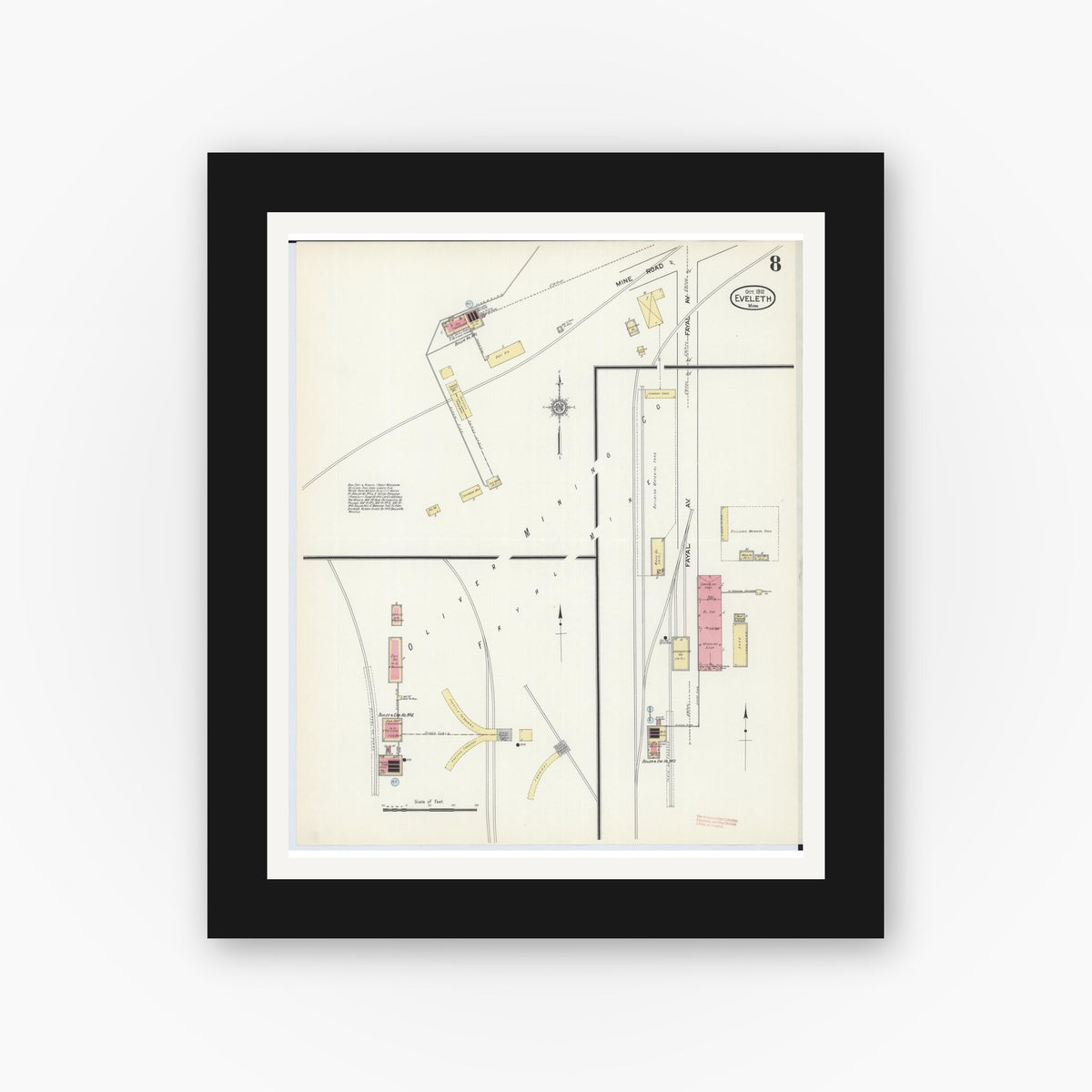 Old map wall art mockup — black gallery frame with white mat — Sanborn Fire Insurance Map from Eveleth, Saint Louis County, Minnesota (1912), Sheet #0008