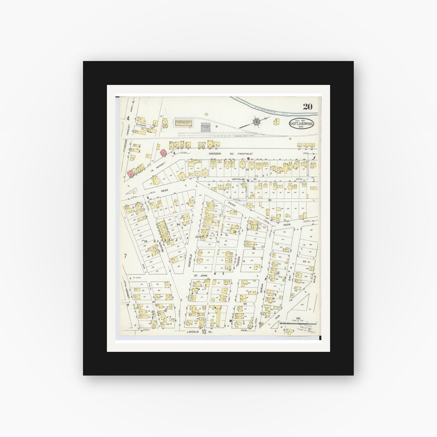 Old map wall art mockup — black gallery frame with white mat — Sanborn Fire Insurance Map from East Liverpool, Columbiana County, Ohio (1913), Sheet #0020
