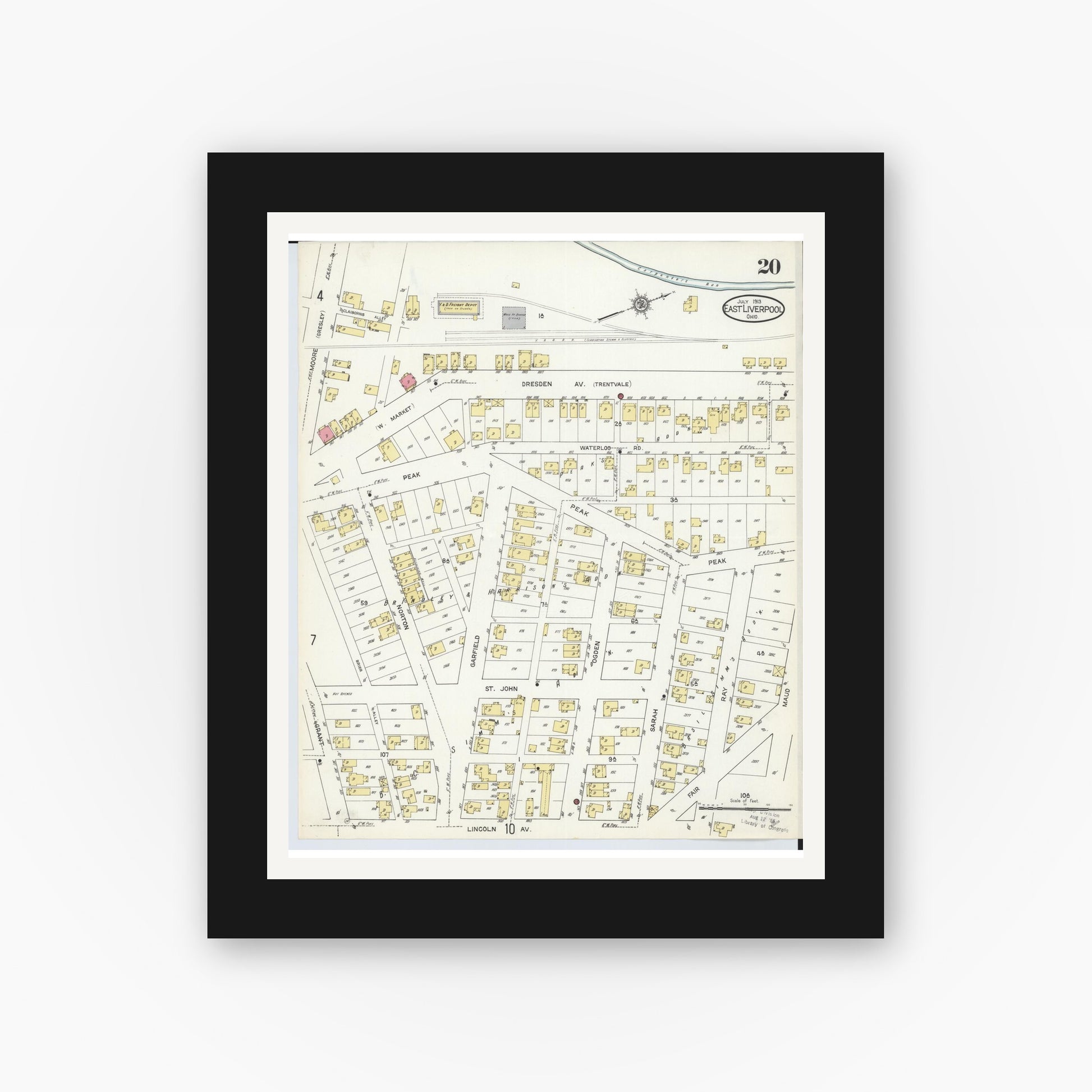 Old map wall art mockup — black gallery frame with white mat — Sanborn Fire Insurance Map from East Liverpool, Columbiana County, Ohio (1913), Sheet #0020