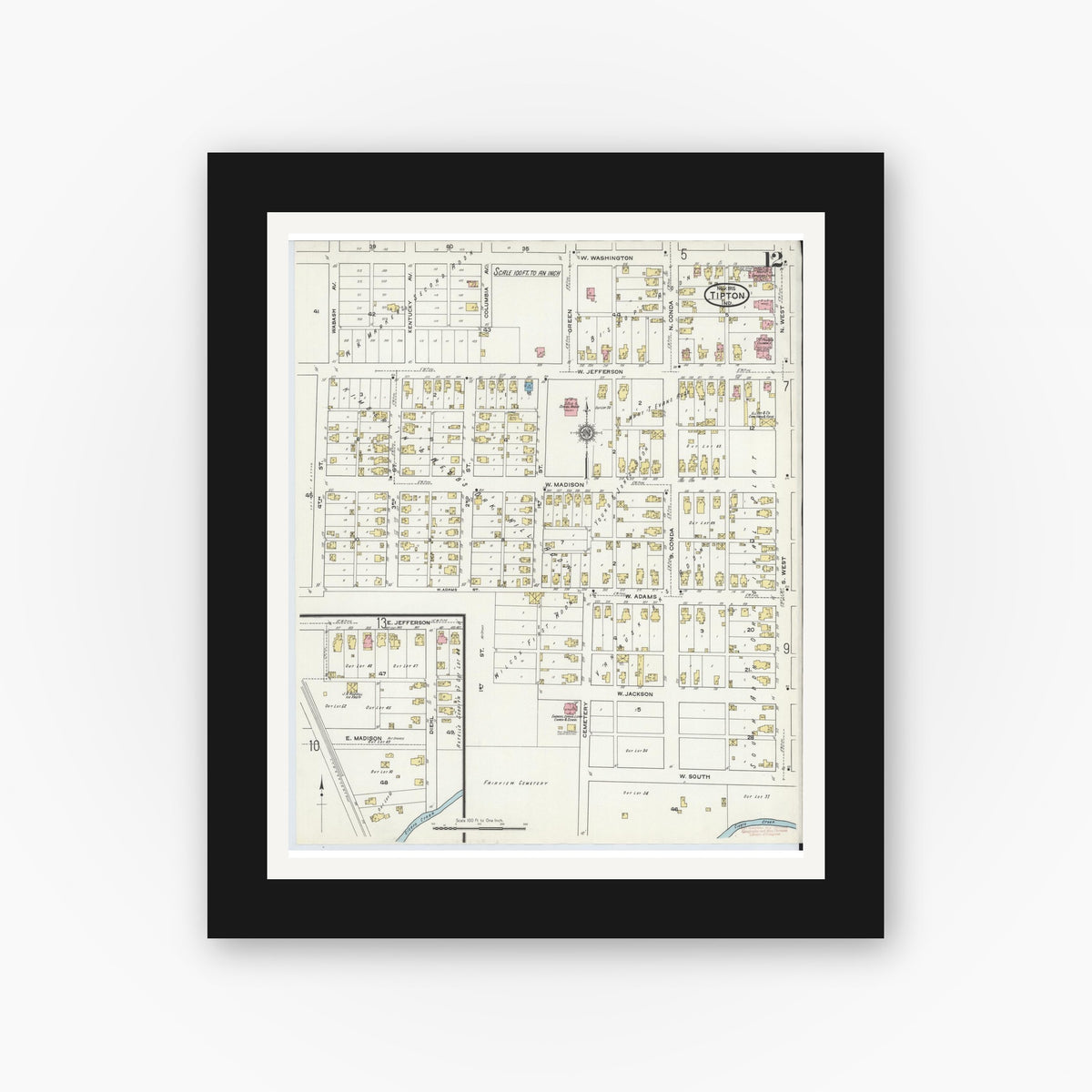 Old map wall art mockup — black gallery frame with white mat — Sanborn Fire Insurance Map from Tipton, Tipton County, Indiana (1915), Sheet #0012