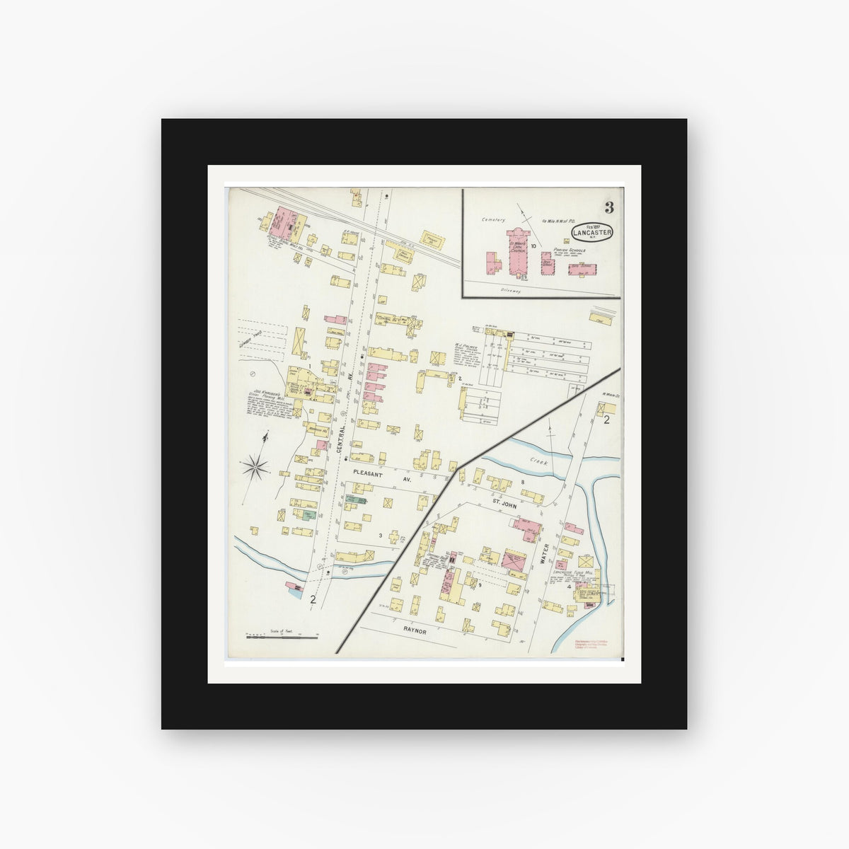 Old map wall art mockup — black gallery frame with white mat — Sanborn Fire Insurance Map from Lancaster, Erie County, New York (1897), Sheet #0003