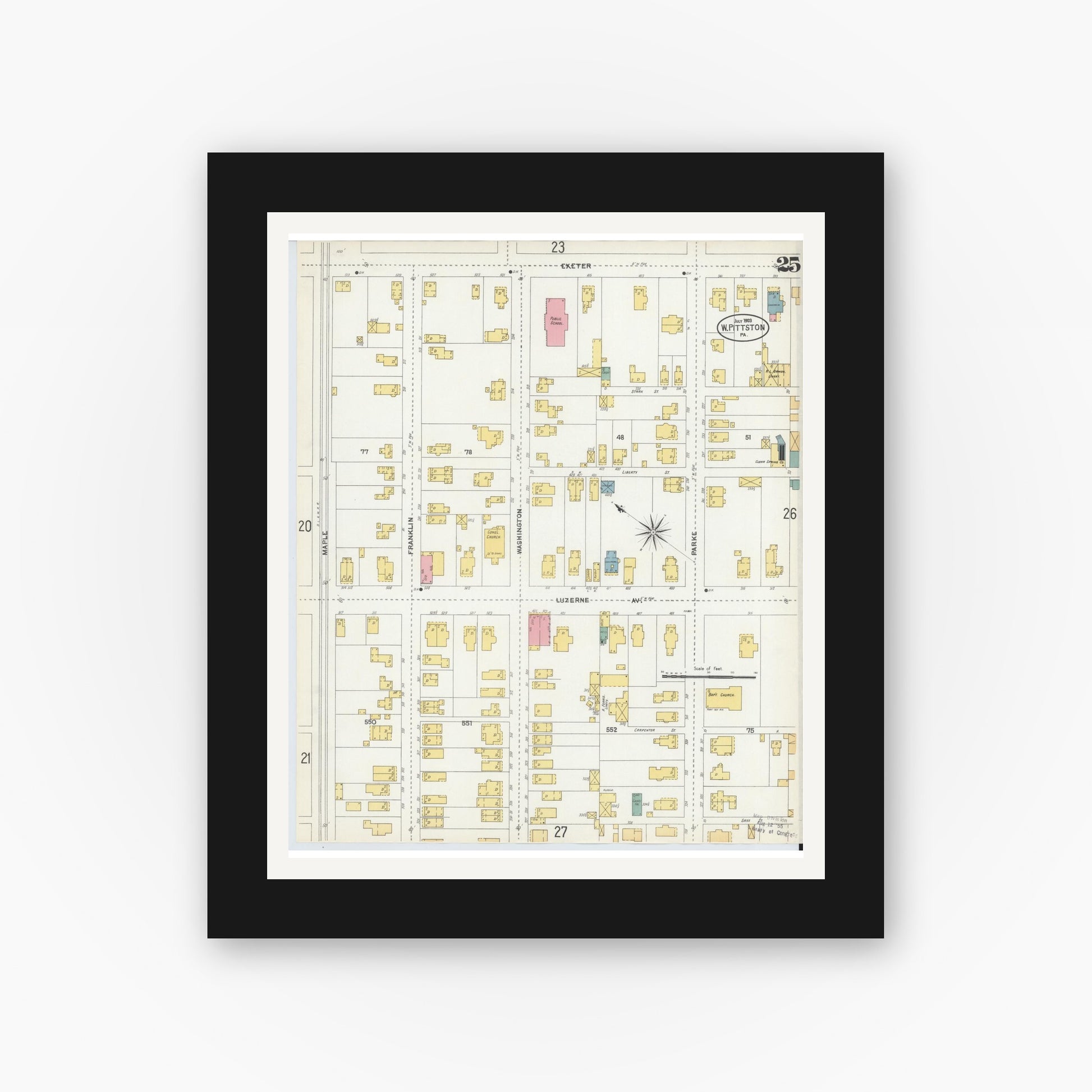 Old map wall art mockup — black gallery frame with white mat — Sanborn Fire Insurance Map from Pittston, Luzerne County, Pennsylvania (1903), Sheet #0025