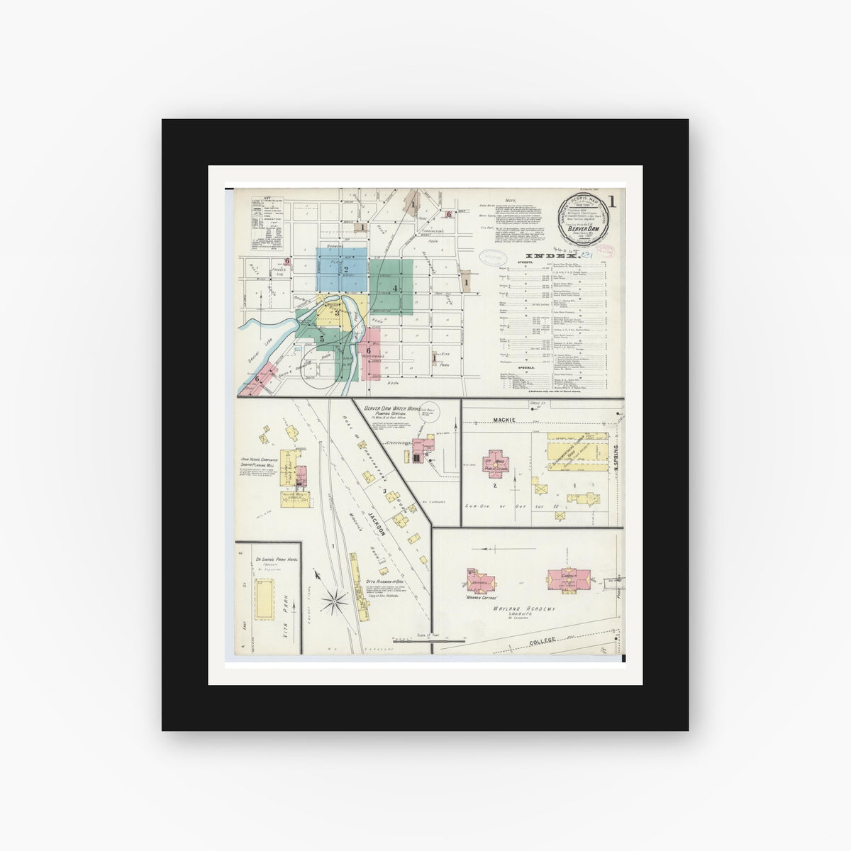 Old map wall art mockup — black gallery frame with white mat — Sanborn Fire Insurance Map from Beaver Dam, Dodge County, Wisconsin (1897), Sheet #0001