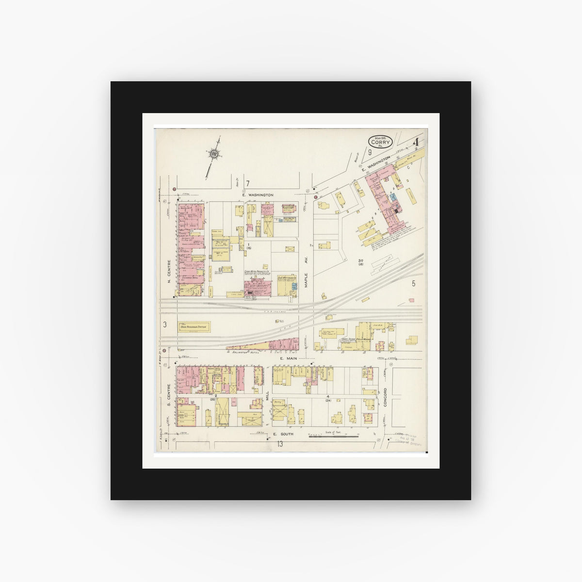 Old map wall art mockup — black gallery frame with white mat — Sanborn Fire Insurance Map from Corry, Erie County, Pennsylvania (1915), Sheet #0004