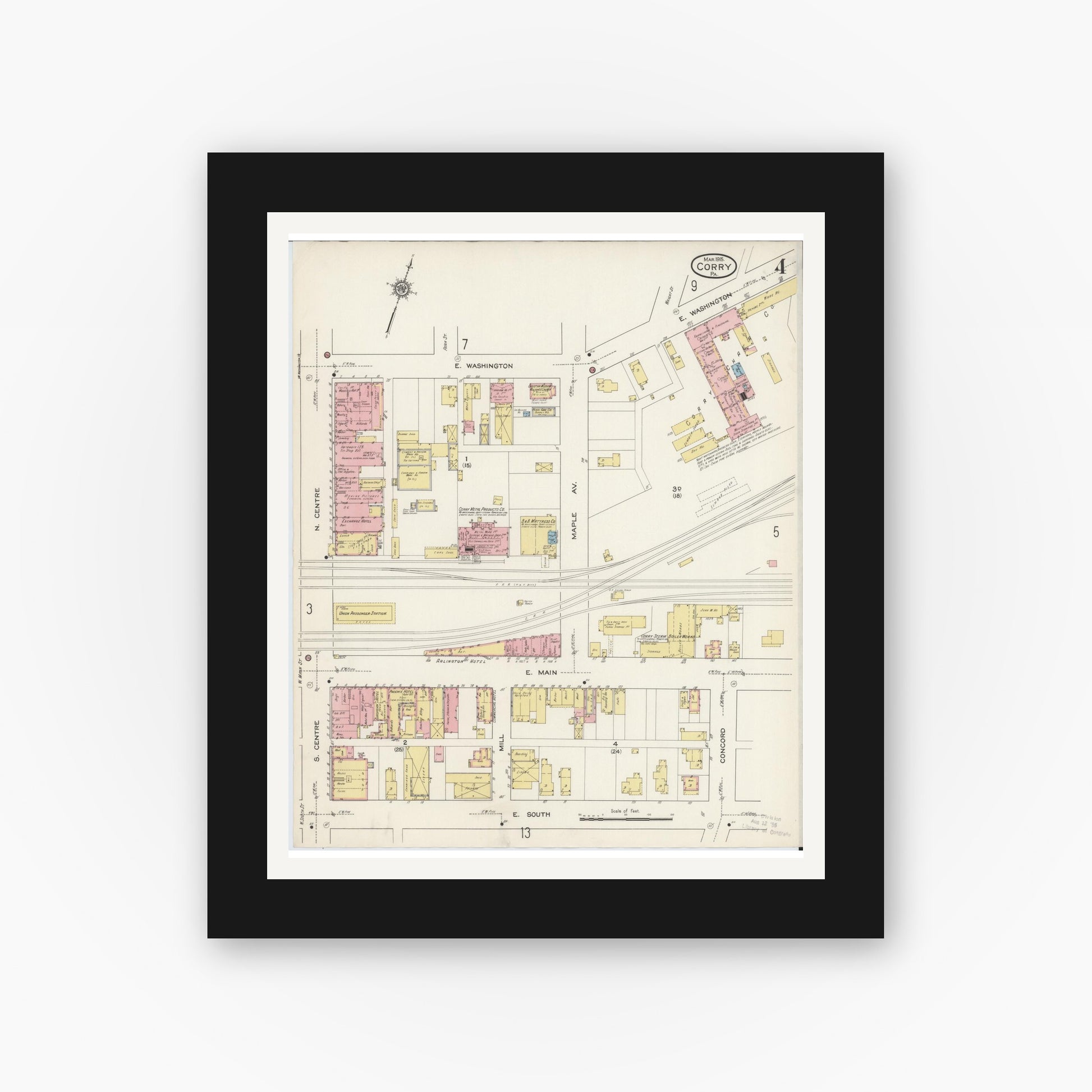 Old map wall art mockup — black gallery frame with white mat — Sanborn Fire Insurance Map from Corry, Erie County, Pennsylvania (1915), Sheet #0004