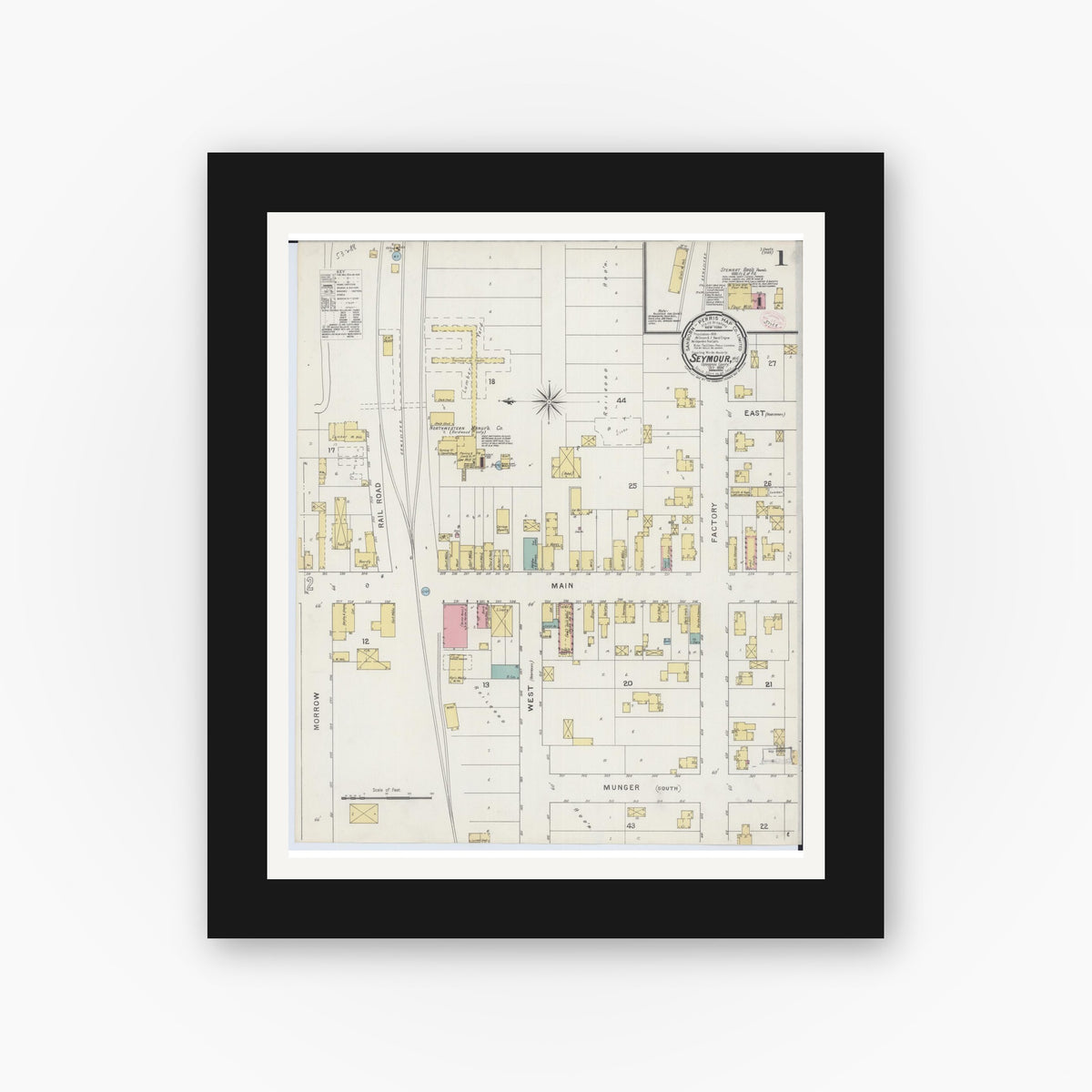 Old map wall art mockup — black gallery frame with white mat — Sanborn Fire Insurance Map from Seymour, Outagamie County, Wisconsin (1894) - Complete Map Set