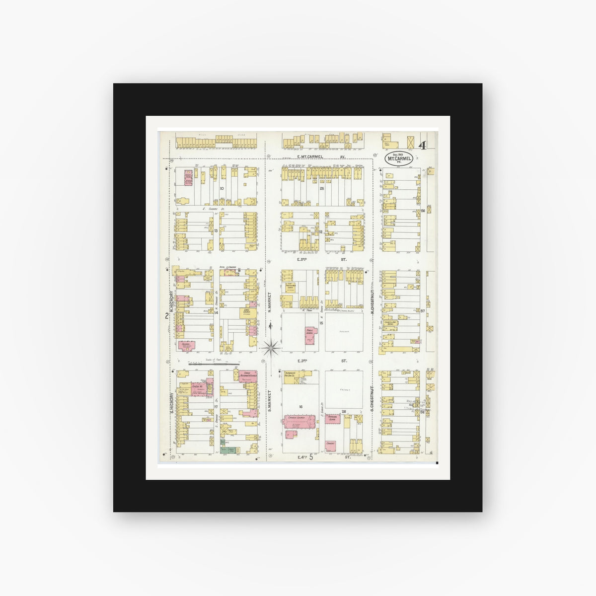 Old map wall art mockup — black gallery frame with white mat — Sanborn Fire Insurance Map from Mount Carmel, Northumberland County, Pennsylvania (1901), Sheet #0004