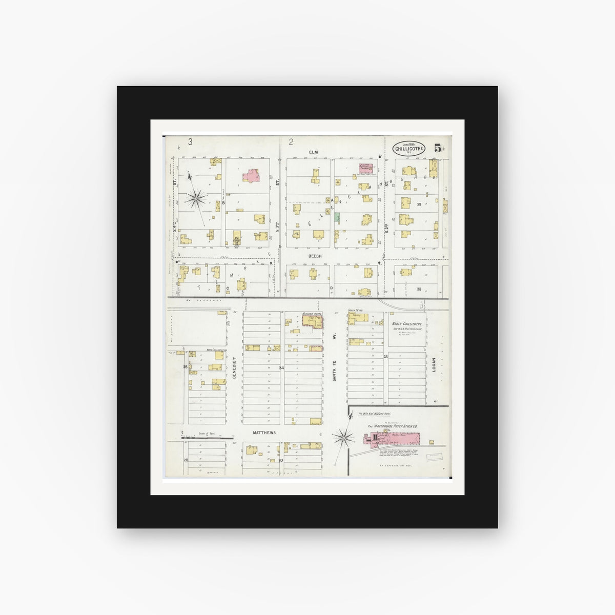 Old map wall art mockup — black gallery frame with white mat — Sanborn Fire Insurance Map from Chillicothe, Peoria County, Illinois (1899), Sheet #0005