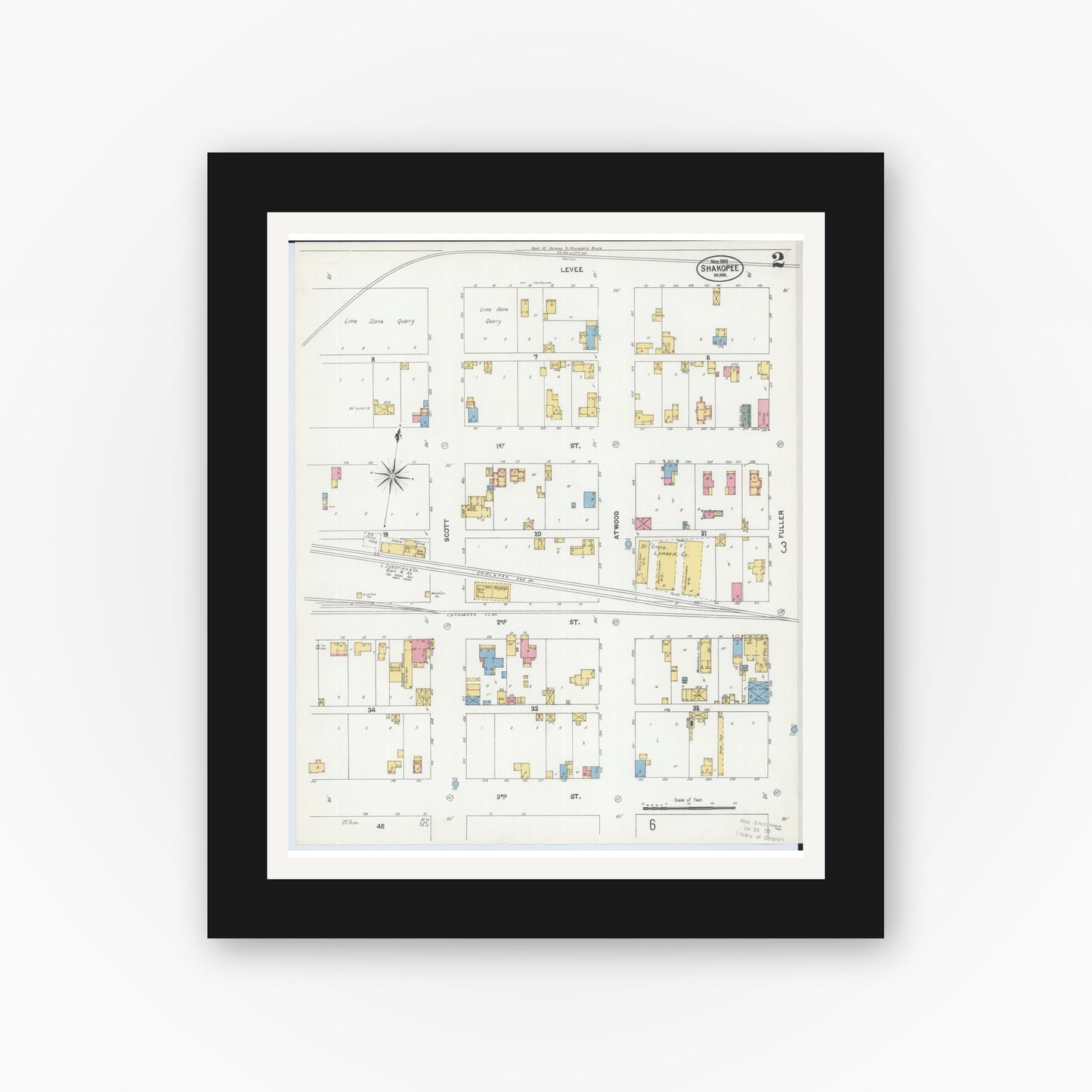 Old map wall art mockup — black gallery frame with white mat — Sanborn Fire Insurance Map from Shakopee, Scott County, Minnesota (1902), Sheet #0002