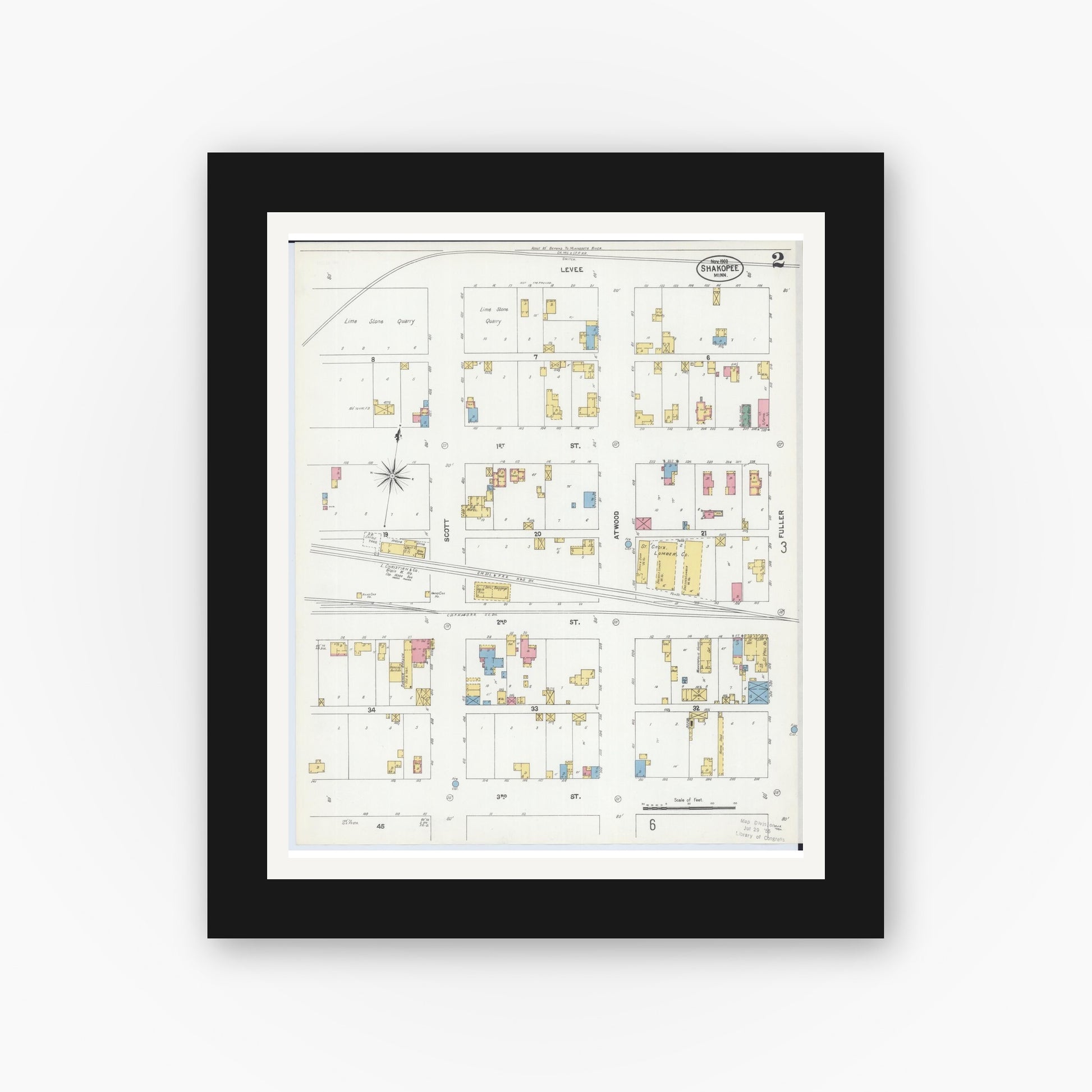 Old map wall art mockup — black gallery frame with white mat — Sanborn Fire Insurance Map from Shakopee, Scott County, Minnesota (1902), Sheet #0002